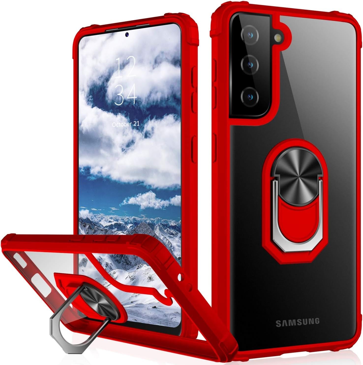 IKAZZ Galaxy S21 plus Case,Samsung S21 plus Cover Military Grade Shockproof Heavy Duty Protective Phone Case Pass 16Ft Drop Test with Magnetic Kickstand for Samsung Galaxy S21 plus Gold  IKAZZ Clear+Red Galaxy S21 Plus (Medium 6.7") 