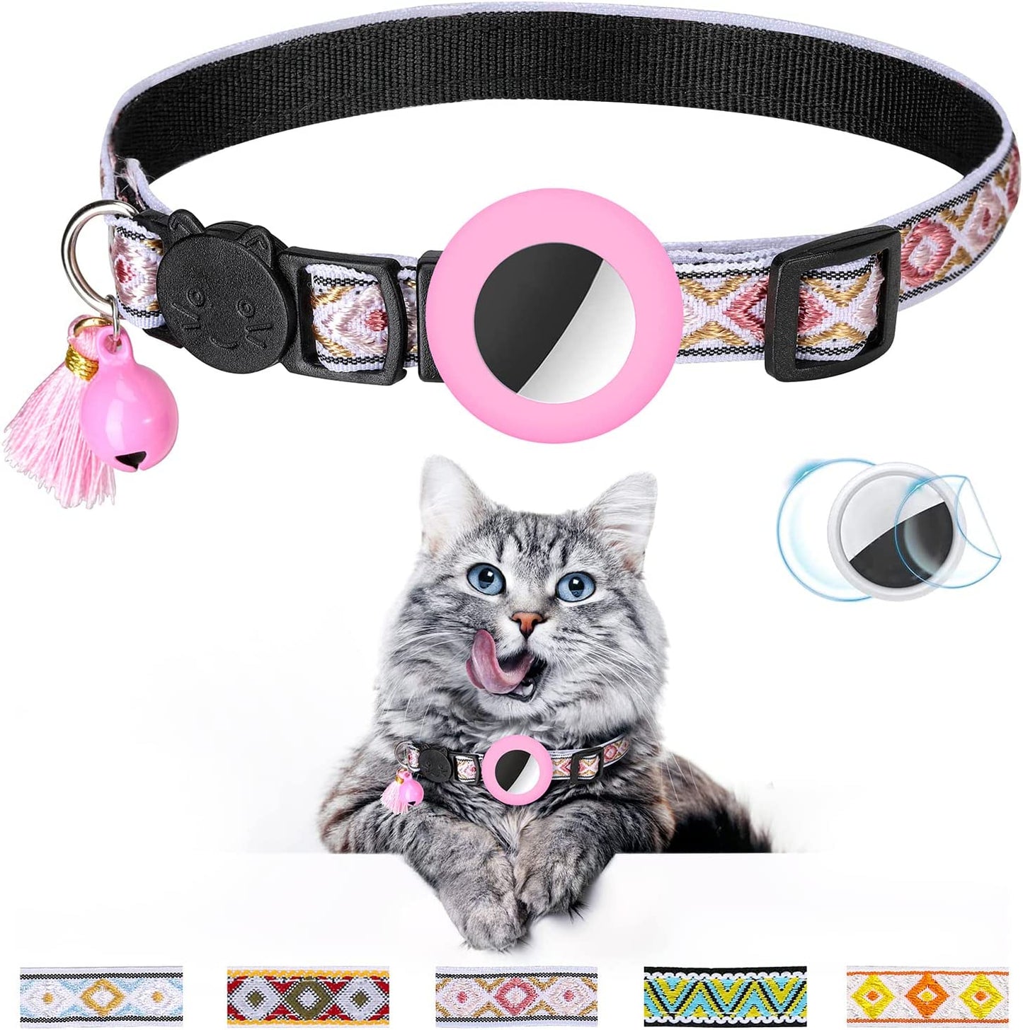 Airtag Cat Collar with Bell Adjustable Breakaway Kitten Collars:- Safety Buckle and Silicone Air Tag Holder Case Compatible with Apple Airtag Geometric Pattern Pet Collar (Pink)  OEBEESA   