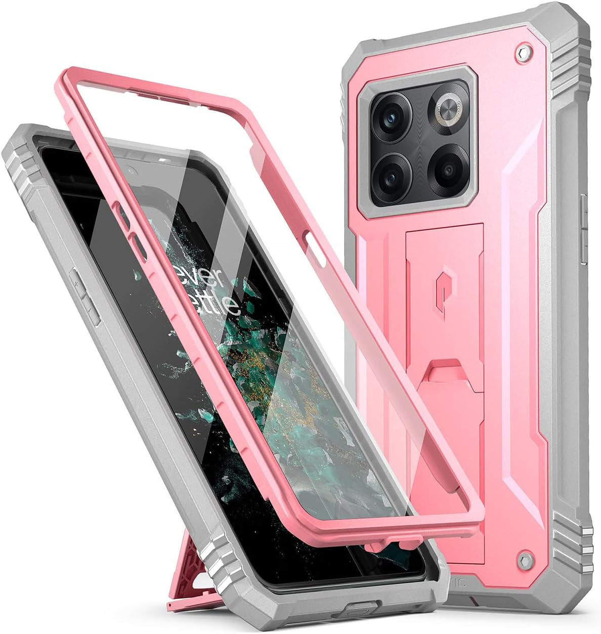 Poetic Revolution Series Designed for Oneplus 10T Case, Full-Body Rugged Dual-Layer Shockproof Protective Cover with Kickstand and Built-In-Screen Protector, Navy Blue  Poetic Light Pink  