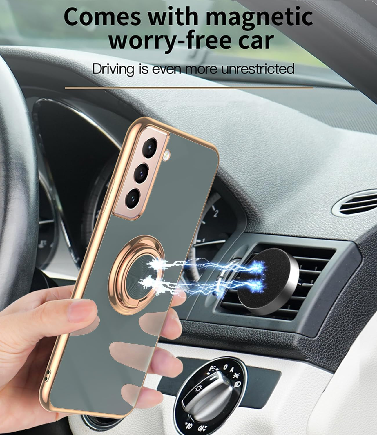 ZOEVEES for Samsung Galaxy S21 plus 5G Case, with 2 Screen Protector, Built-In 360° Ring Holder Magnetic Stand, Luxury Electroplated Plating Edge Shockproof Protective Phone Cover, Gray  ZOEVEES   