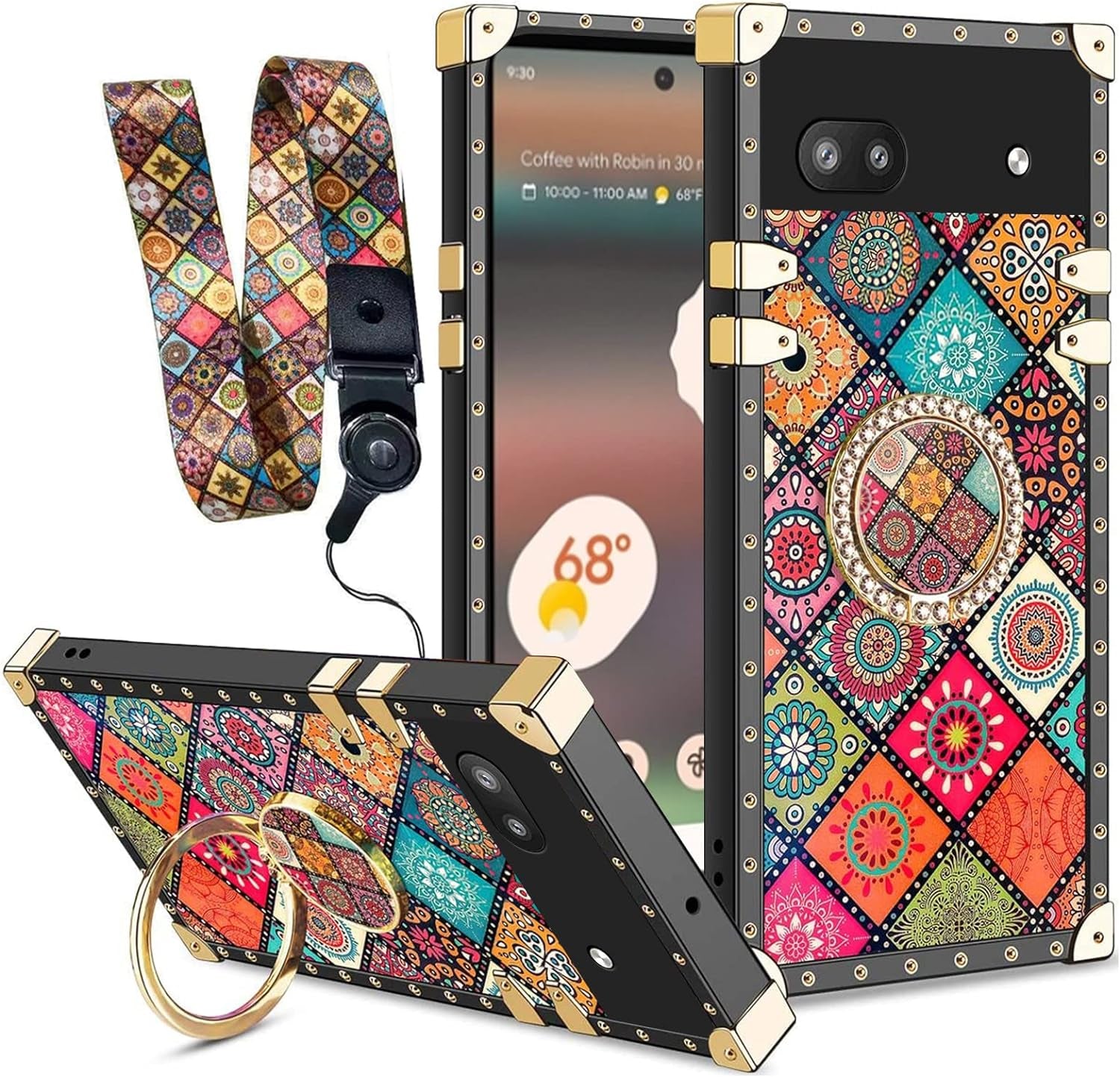 Nancheng Case for Google Pixel 6A (Not Pixel 6/6 Pro) Square Back Cover Design Colorful Petal Stars Sky with Diamond Holder Ring Strap Lanyard Shockproof Protective Phone Case for Pixel 6A - Flowers  nancheng Mandala  
