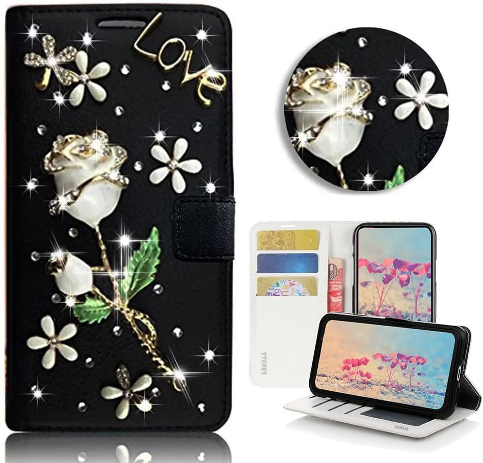 STENES LG G6 Case, LG G6 plus Case - STYLISH - 3D Handmade Bling Crystal Fairy Design Wallet Credit Card Slots Fold Stand Leather Cover Case for LG G6/LG G6 plus - Black  STENES Pretty Rose Flowers Floral / Black  