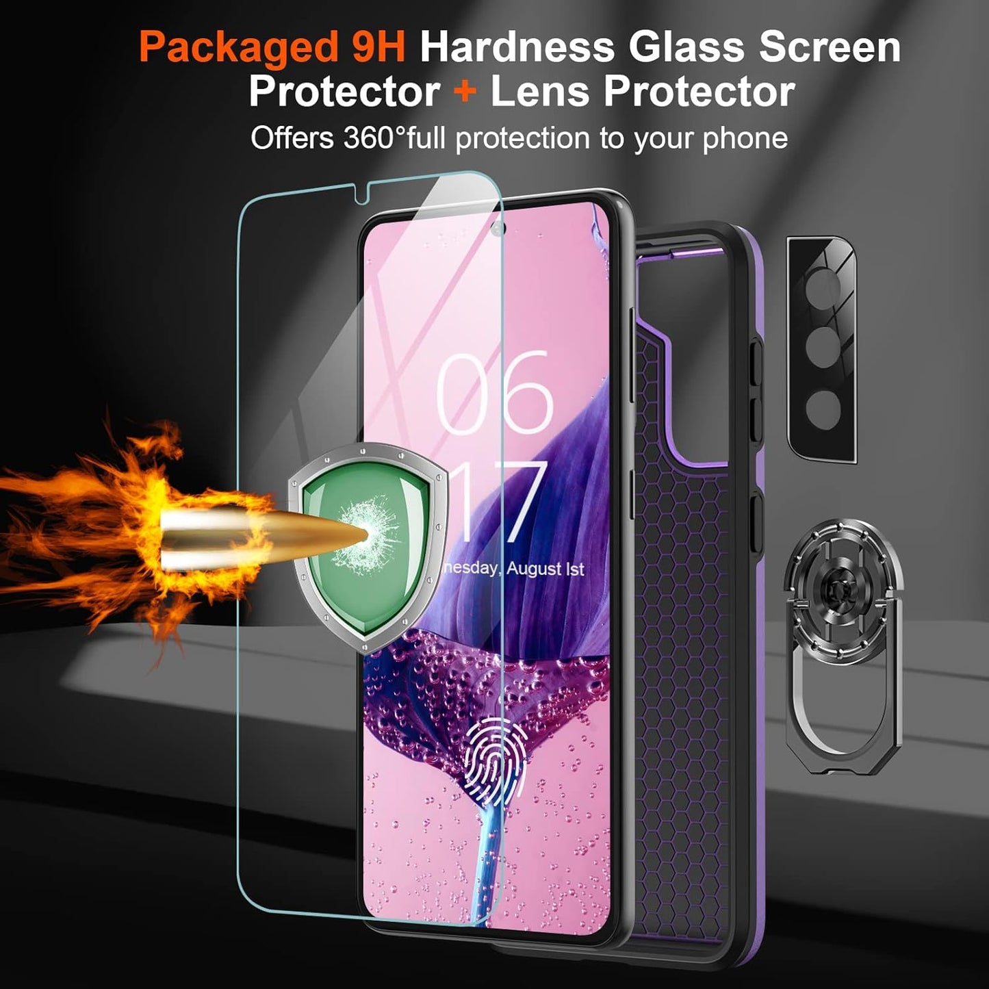 Oneagle for Samsung Galaxy S21 Case 5G, [4 in 1 ] Samsung S21 5G Case with [9H Glass Screen Protector+ Lens Protector] [ 360 Ring Stand] [12Ft Military Dropproof] Shockproof Case for Galaxy S21 5G  Oneagle-US   