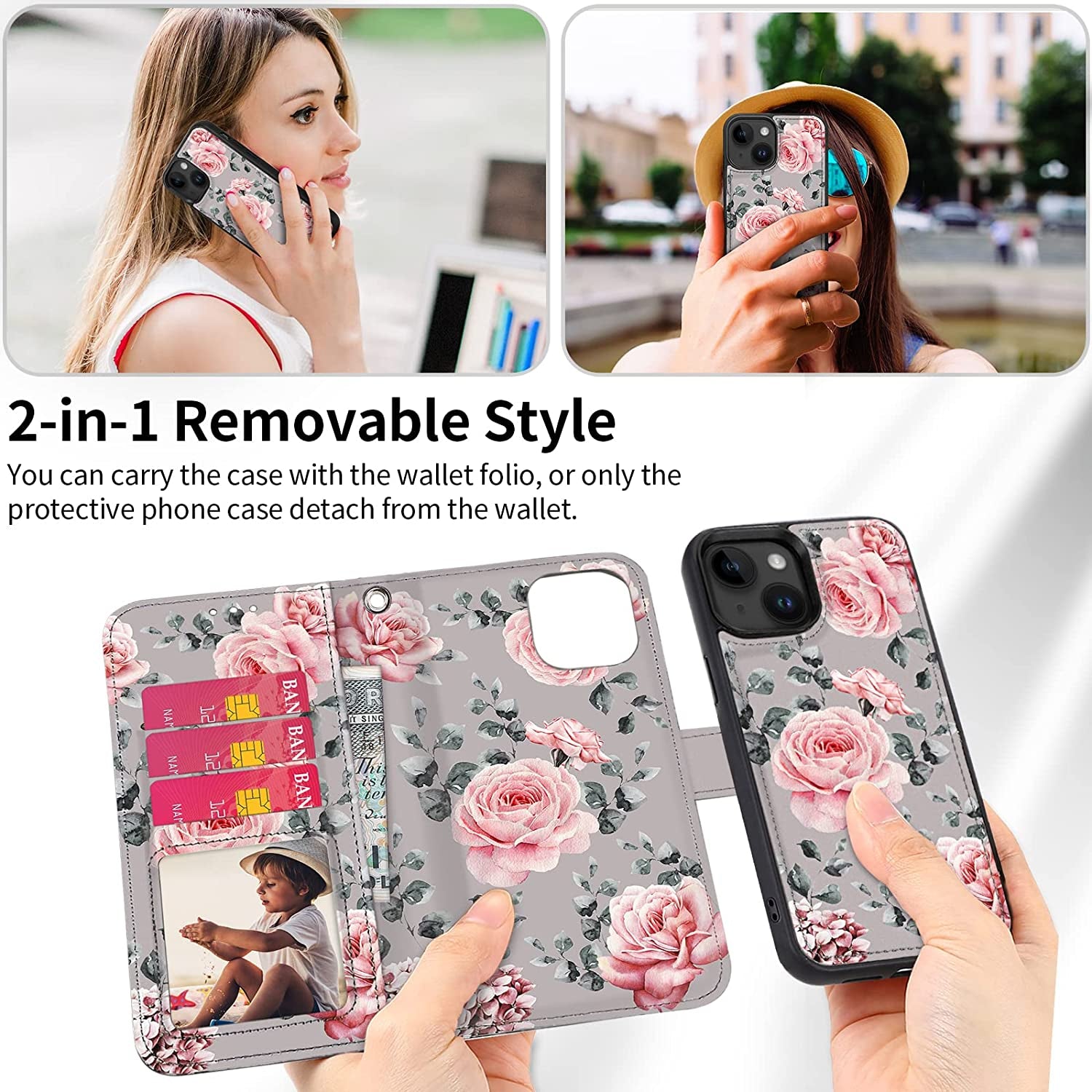 HOGGU Iphone 14 plus Case Wallet [Compatible with Magsafe] Magnetic Detachable Floral Flip PU Leather Case with Card Holder RFID Blocking, Hand Strap, Iphone 14 plus Wallet Case for Women Girls-Gray  HOGGU   