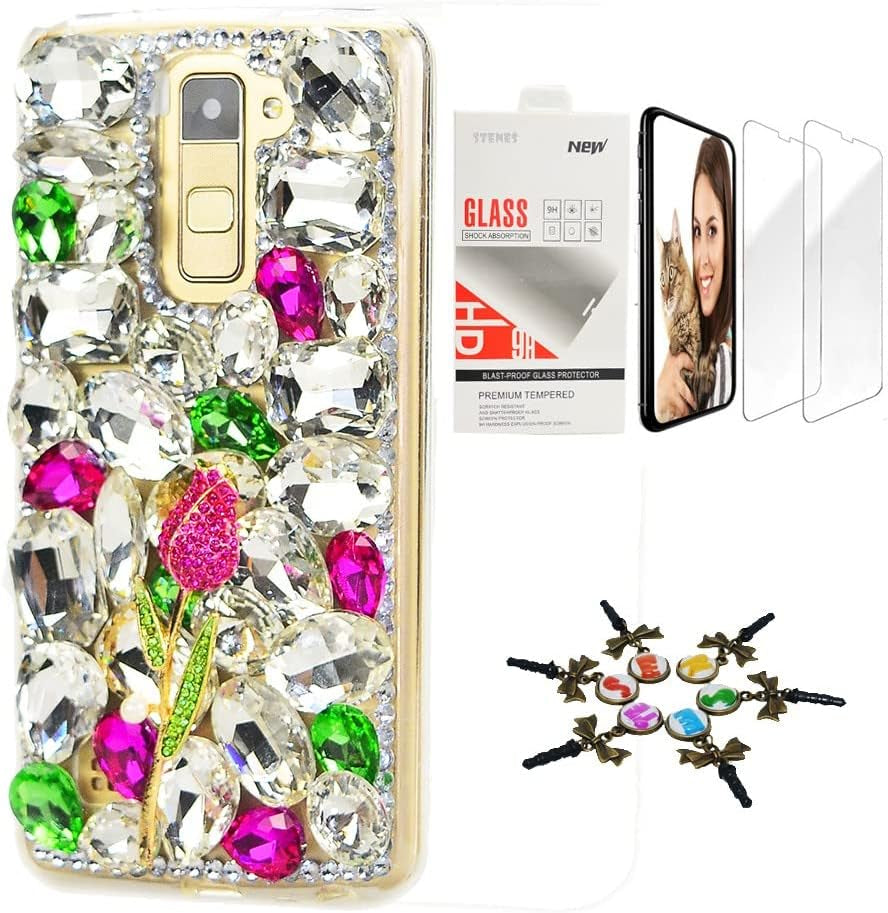 STENES Bling Case Compatible with LG G6 / LG G6 plus - Stylish - 3D Handmade [Sparkle Series] Ball Rabbit Pompons Star Pendant Bowknot Design Cover with Screen Protector [2 Pack] - Pink  STENES Rose / Hot Pinkgreen Design For Lg Stylo 3 