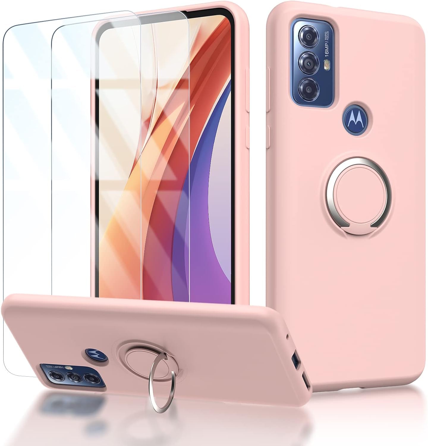 For Motorola Moto G Play 2023 | G Power 2022 | G Pure 2021 Case: with 2 Pack Tempered Screen Protector & Built in 360° Adjustable Ring Kickstand Shockproof Protection Soft TPU Silicone Phone Cover  TUNKARMOR Rose Gold  