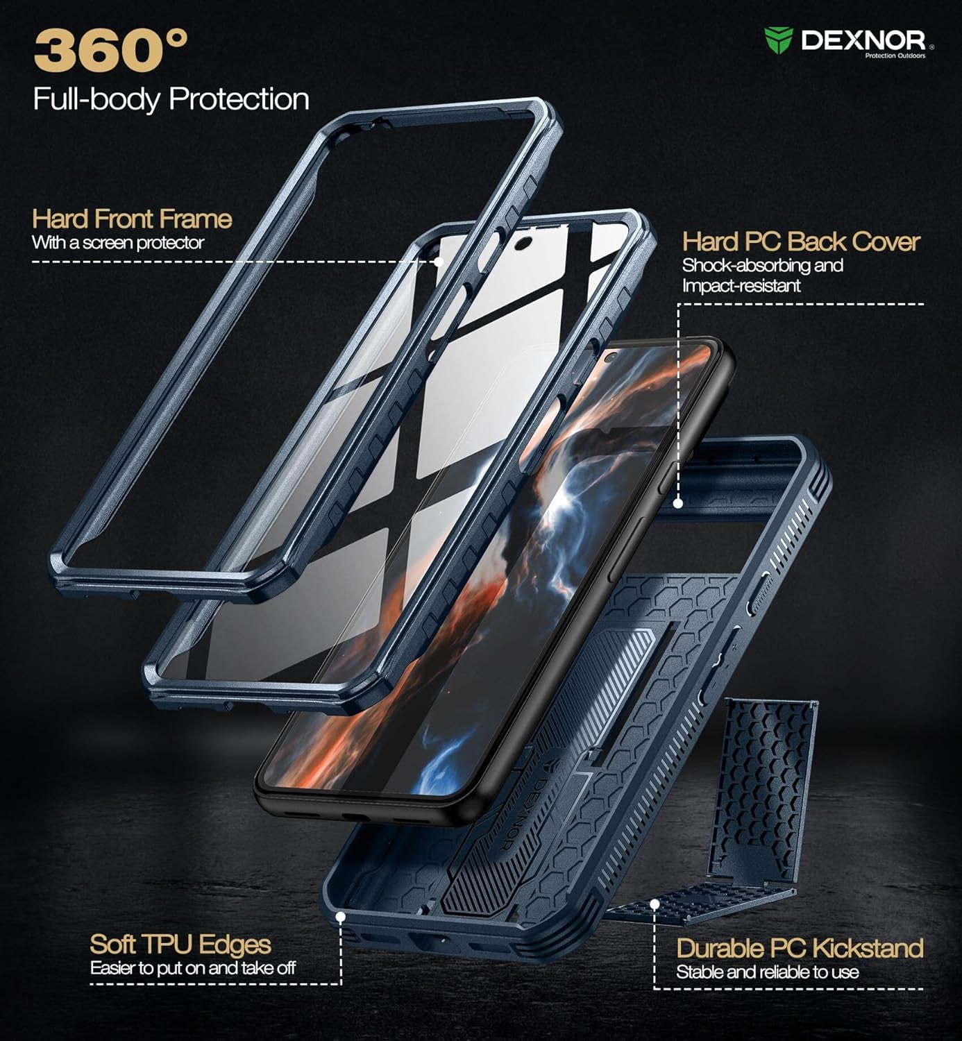 Dexnor Full Body Case for Google Pixel 8, Built-In Screen Protector and Kickstand, [Extra Front Frame] Heavy Duty Military Grade Protection Shockproof Rugged Cover Case for Pixel 8 5G, Grey Blue  Dexnor   