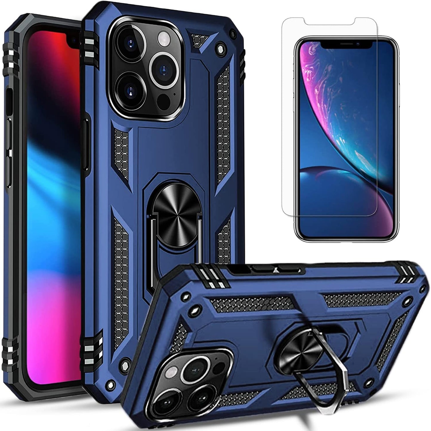 Iphone 12 Pro Max Phone Case, with [Tempered Glass Screen Protector Included] STARSHOP Military Grade Dual Layers Shockproof Drop Protective with Built-In 360° Rotate Metal Ring Kickstand - Black  STARSHOP Blue Iphone 12 Pro Max 