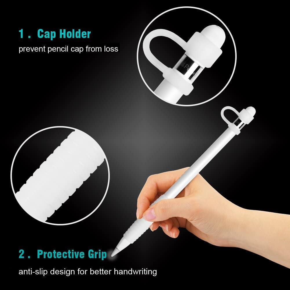 [5-Piece] MEKO Accessories for Apple Pencil Cap Holder/Nib Cover/Lightning Cable Adapter Tether/ 2 in 1 Fiber Cap as Stylus/Soft Silicone Protective Grip for Ipad Pro Pencil  MEKO   