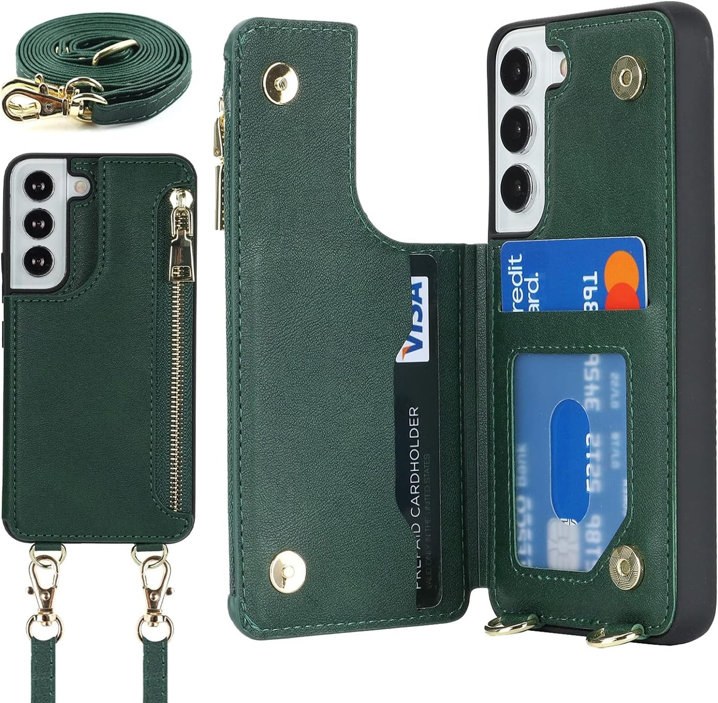 Jaorty Samsung Galaxy S22 5G Phone Case for Women with Card Holder,Samsung S22 Case Wallet Crossbody Lanyard with Strap,Credit Card Slots Kickstand Case with Ring Holder,6.1 Inch,Black  Jaorty Crossbody Flip Case- Green  