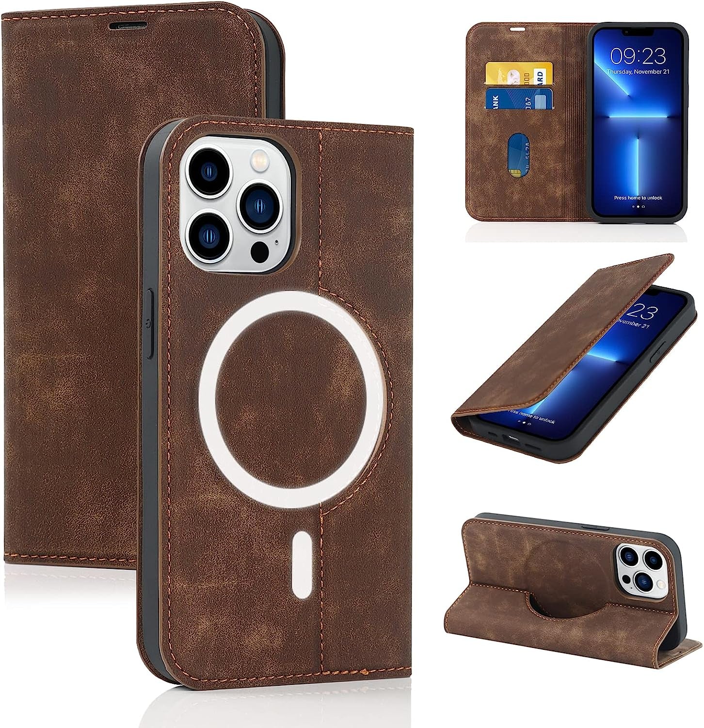 CASEOWL Compatible for Iphone 13 Pro Max Case Wallet [Support Magsafe Wireless Charger] with Card Holder[Rfid Blocking], Kickstand, Flip Leather Slim Iphone 13 Pro Max Wallet Case for Man Women-Black  CASEOWL Brown [For iPhone 13 Pro Max]  