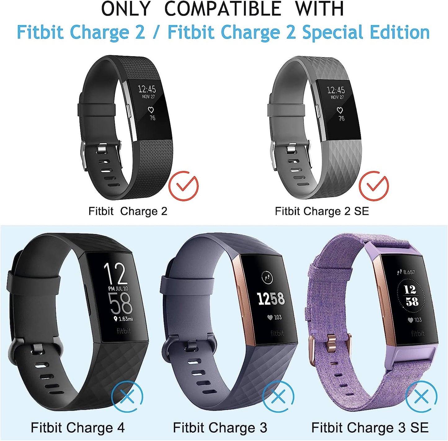 3 Pack Sport Bands Compatible with Fitbit Charge 2 Bands Women Men, Adjustable Replacement Strap Wristbands for Fitbit Charge 2 HR Small Large (Small, Black/Purple/Navy Blue)  Mugust   