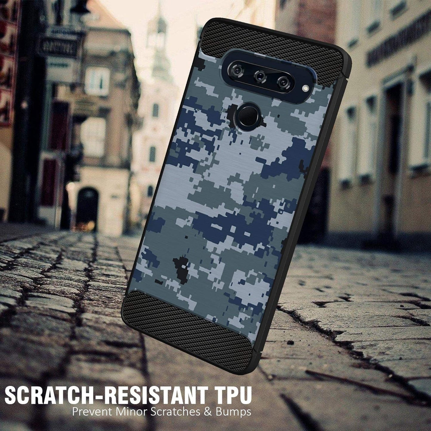 Casesondeck Fitted Case Compatible with [LG V40 Thinq] Carbon Fiber Accents Bump and Drop Protecting Flexible TPU (Blue Digital Camo)  CasesonDeck   