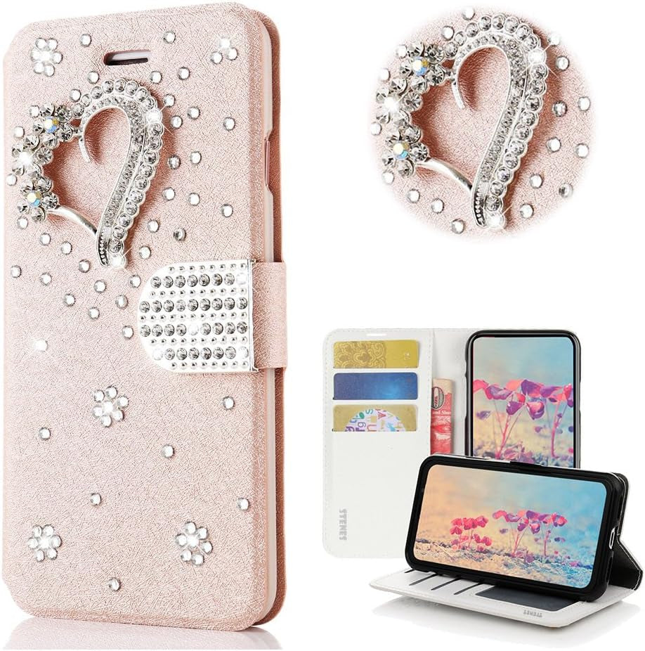 STENES LG G6 Case, LG G6 plus Case - STYLISH - 3D Handmade Bling Crystal Dance Butterfly Design Wallet Credit Card Slots Fold Stand Leather Cover Case for LG G6/LG G6 plus - Pink  STENES Pretty Heart / Pink  