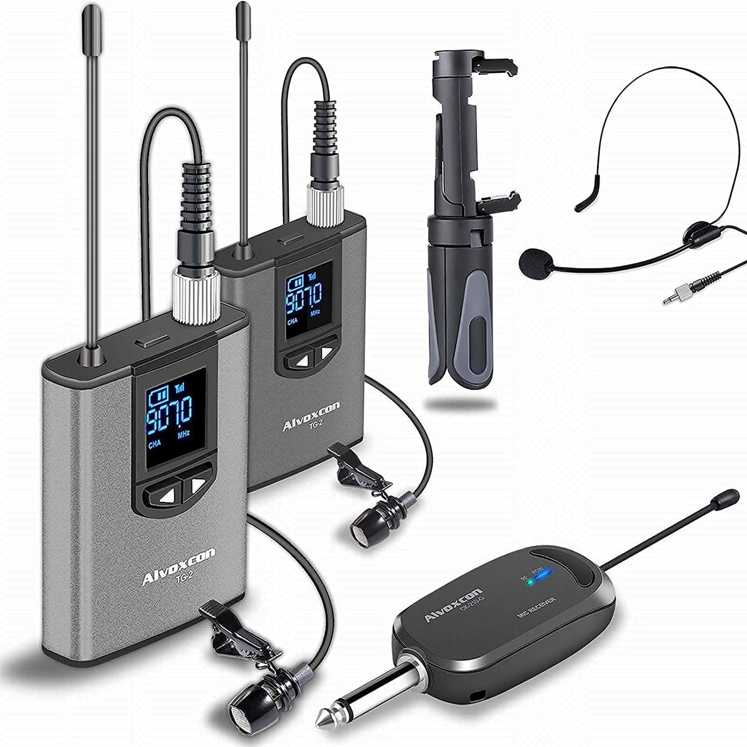 Alvoxcon Wireless Headset Lavalier Microphone System with Phone Holder Dual Wireless Lapel Mic for Iphone, DSLR Camera, PA Speaker, Youtube, Zoom, Podcast, Video Recording, Conference, Vlogging,  Alvoxcon   