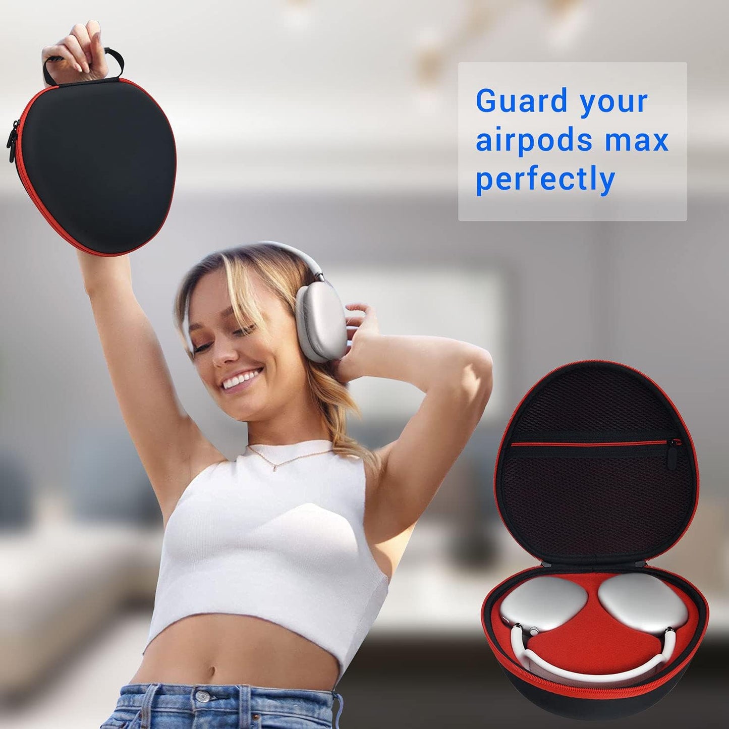 Airpods Max Case Hard Carrying Case for New Airpods Max Portable Storage Bag with Mesh Pocket for Airpods Max Accessories (Black + Red)  Taessv   