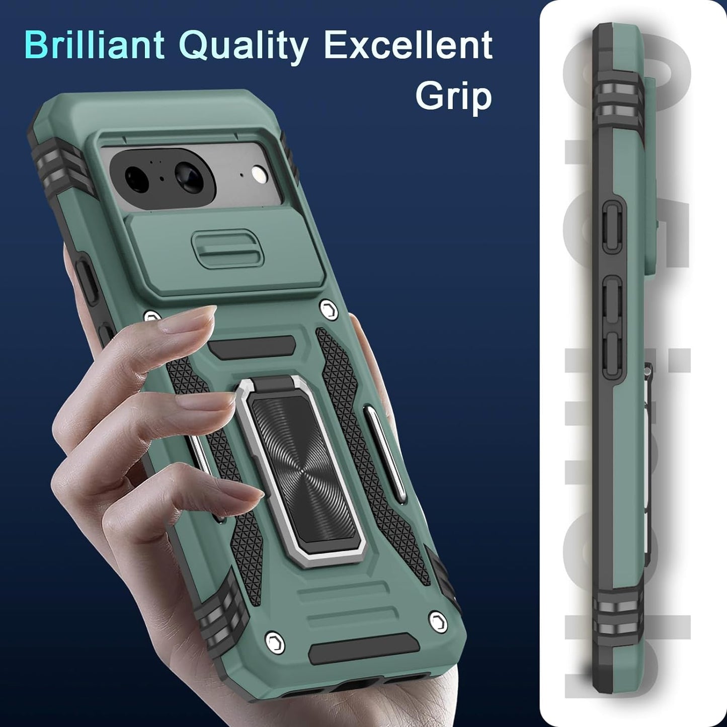 DEERLAMN for Google Pixel 8 Case with Slide Camera Cover+Screen Protector (1 Pack), Rotated Ring Kickstand Military Grade Shockproof Heavy Duty Protective Cover -Green  DEERLAMN   