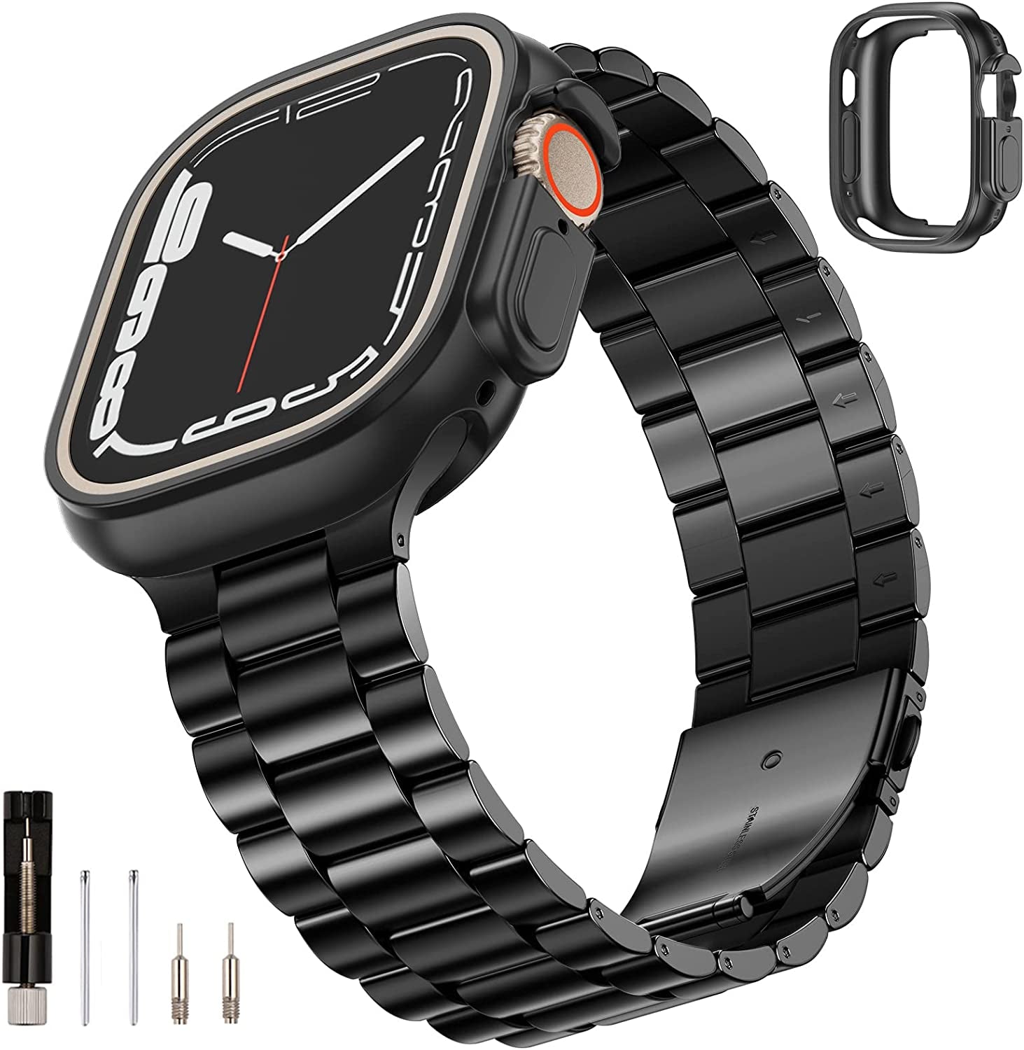 SUNFWR Compatible with Apple Watch Band 45Mm 44Mm 42Mm for Men Women, Stainless Steel Metal Iwatch Band with Case for Apple Watch Series 8/7/6/5/4/3/2/1/SE/SE2 (Black, 42Mm/44Mm/45Mm)  SUNFWR Black 49mm 