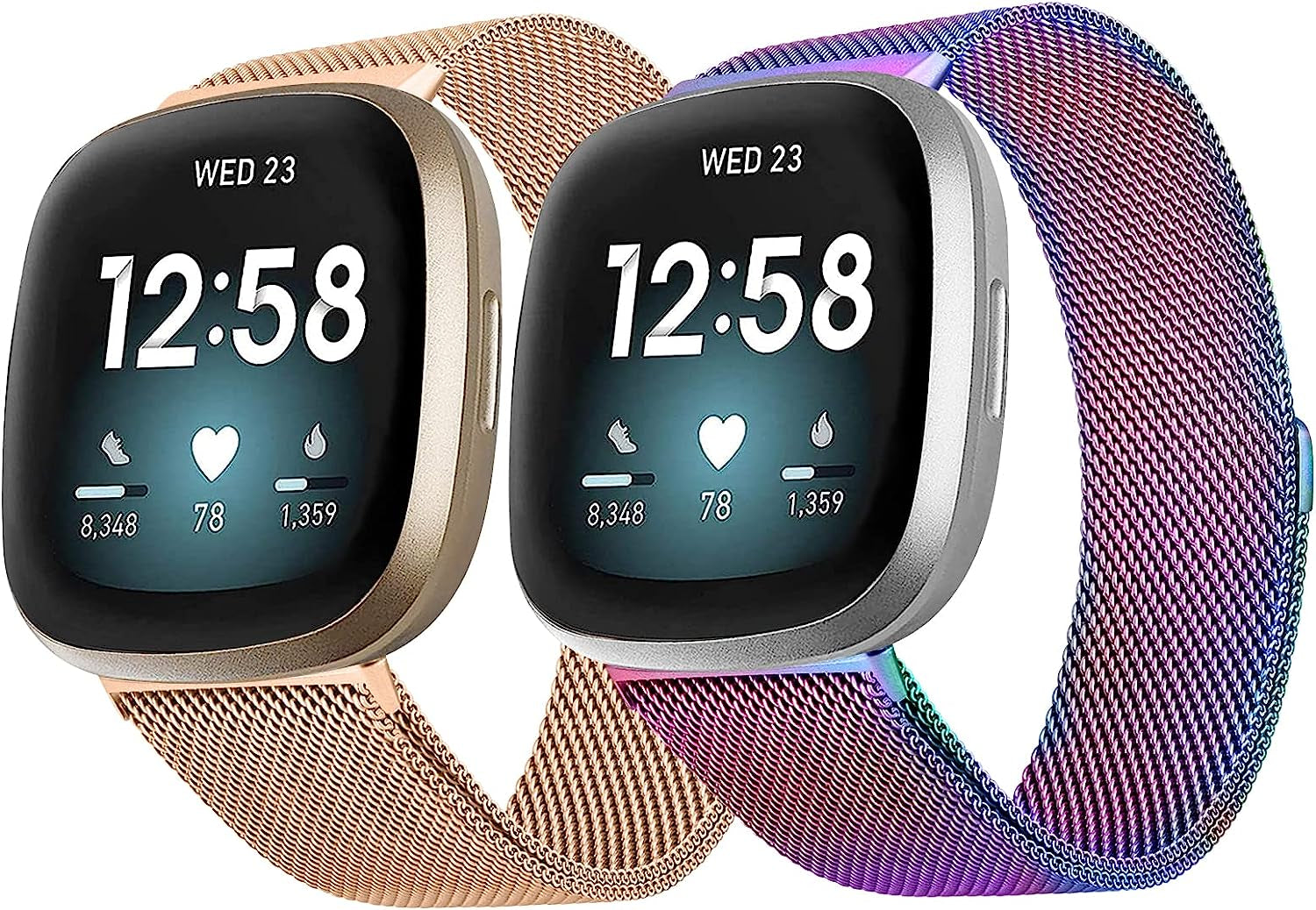 2Pack Metal Bands Compatible with Fitbit Versa 3 /Fitbit Versa 4 /Fitbit Sense 2 /Fitbit Sense Bands for Women Men, Stainless Steel Metal Adjustable Magnetic Strap Replacement for Versa 3/Fitbit Sense  Afoskce Rose Gold+Colorful  