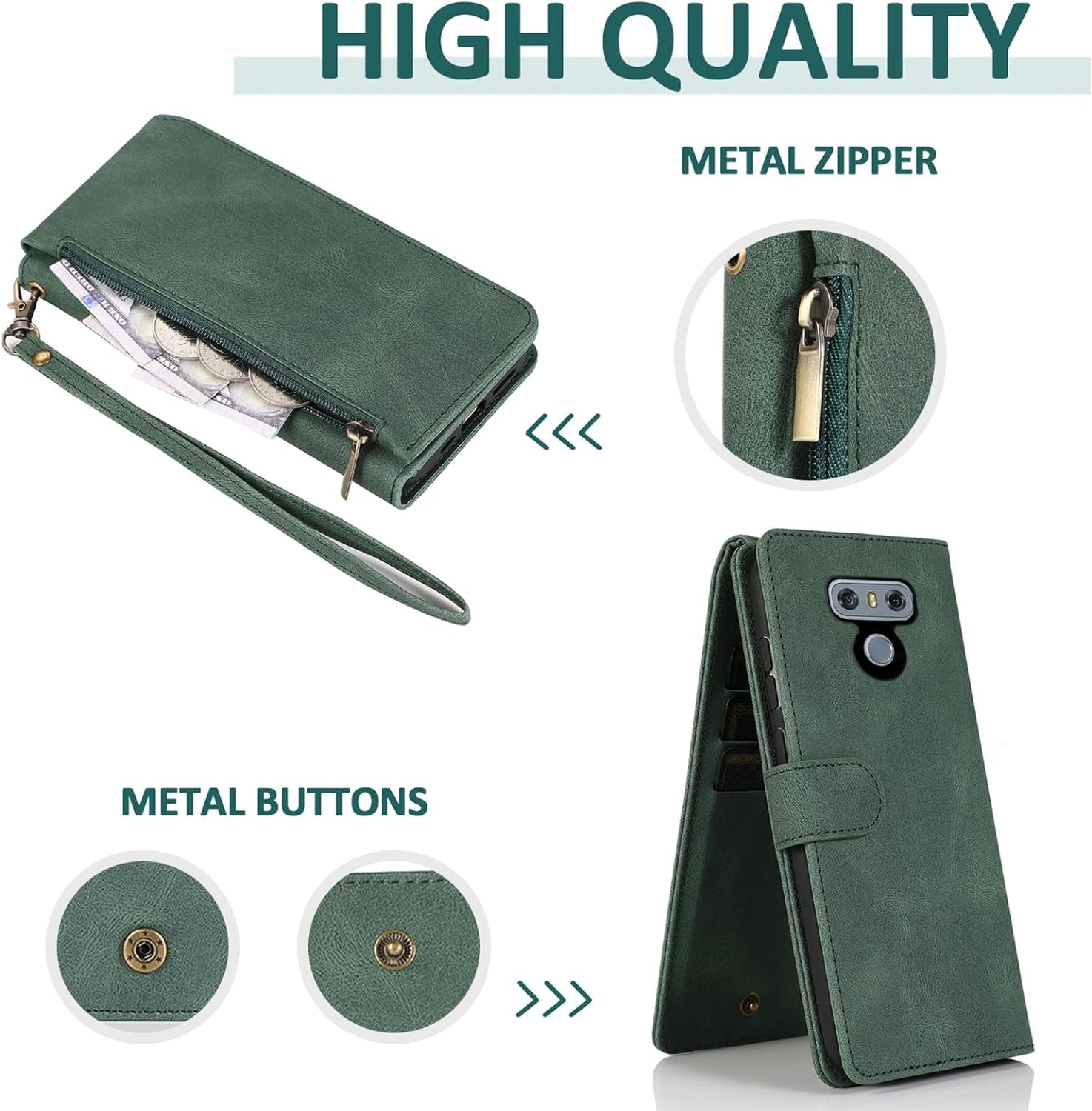 Compatible with LG G6 Wallet Case Tempered Glass Screen Protector and Zipper Leather Flip Cover Card Holder Stand Cell Accessories for LGG6 Thinq LG6 Thin Q G 6 plus G6+ 6G VS988 H872 Women Men Green  Asuwish   