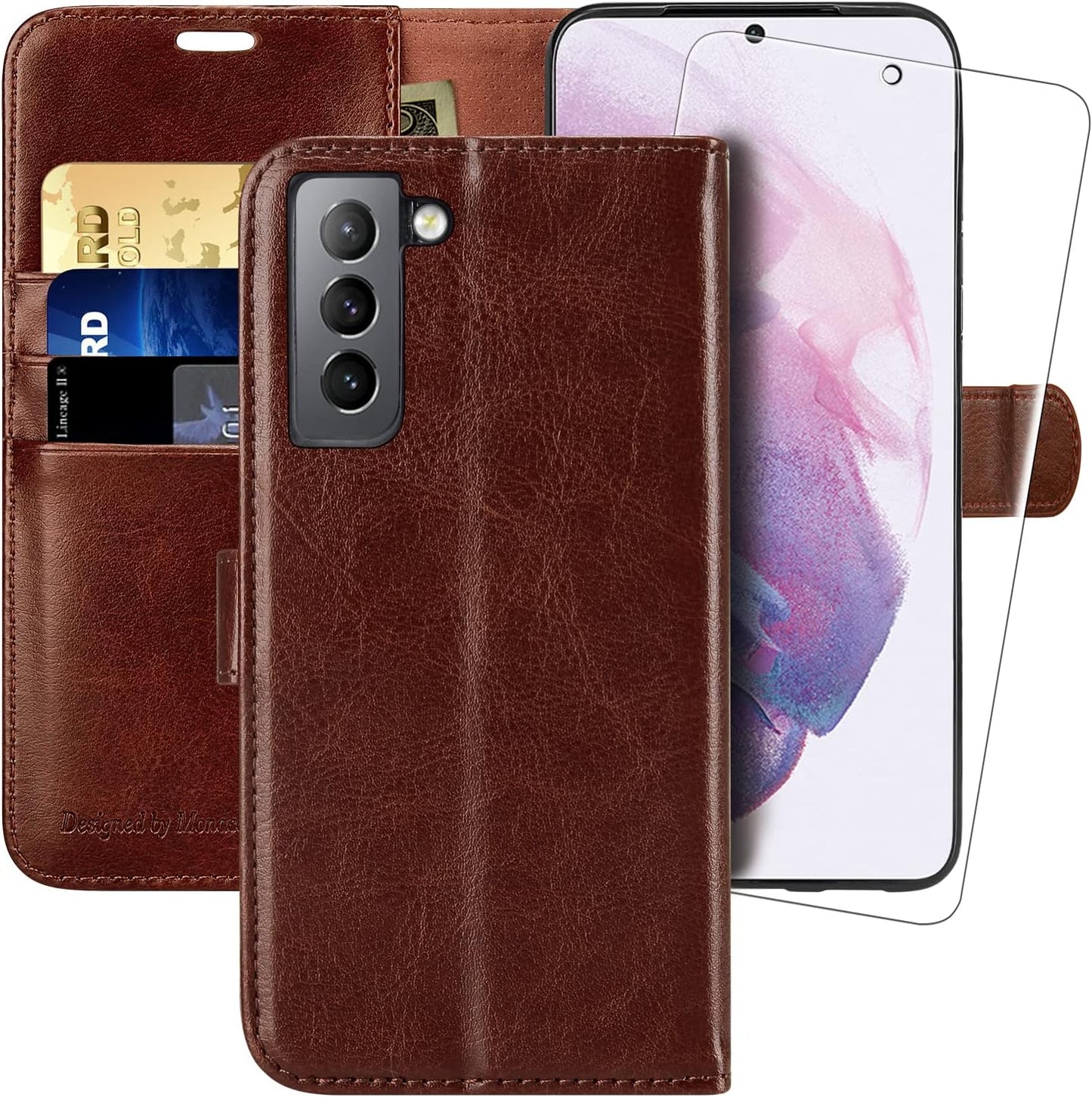 MONASAY Wallet Case for Galaxy S21+Plus 5G, 6.7 Inch [Screen Protector Included][Rfid Blocking] Flip Folio Leather Cell Phone Cover with Credit Card Holder, Lavenders  MONASAY Brown  