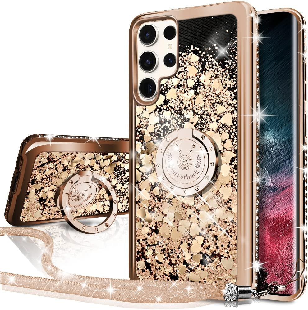 Silverback for Samsung Galaxy S22 Ultra Case, Moving Liquid Holographic Sparkle Glitter Case with Kickstand, Girls Women Bling Diamond Ring Slim Protective Case for Galaxy S22 Ultra 5G, Purple  Silverback inc Gold  
