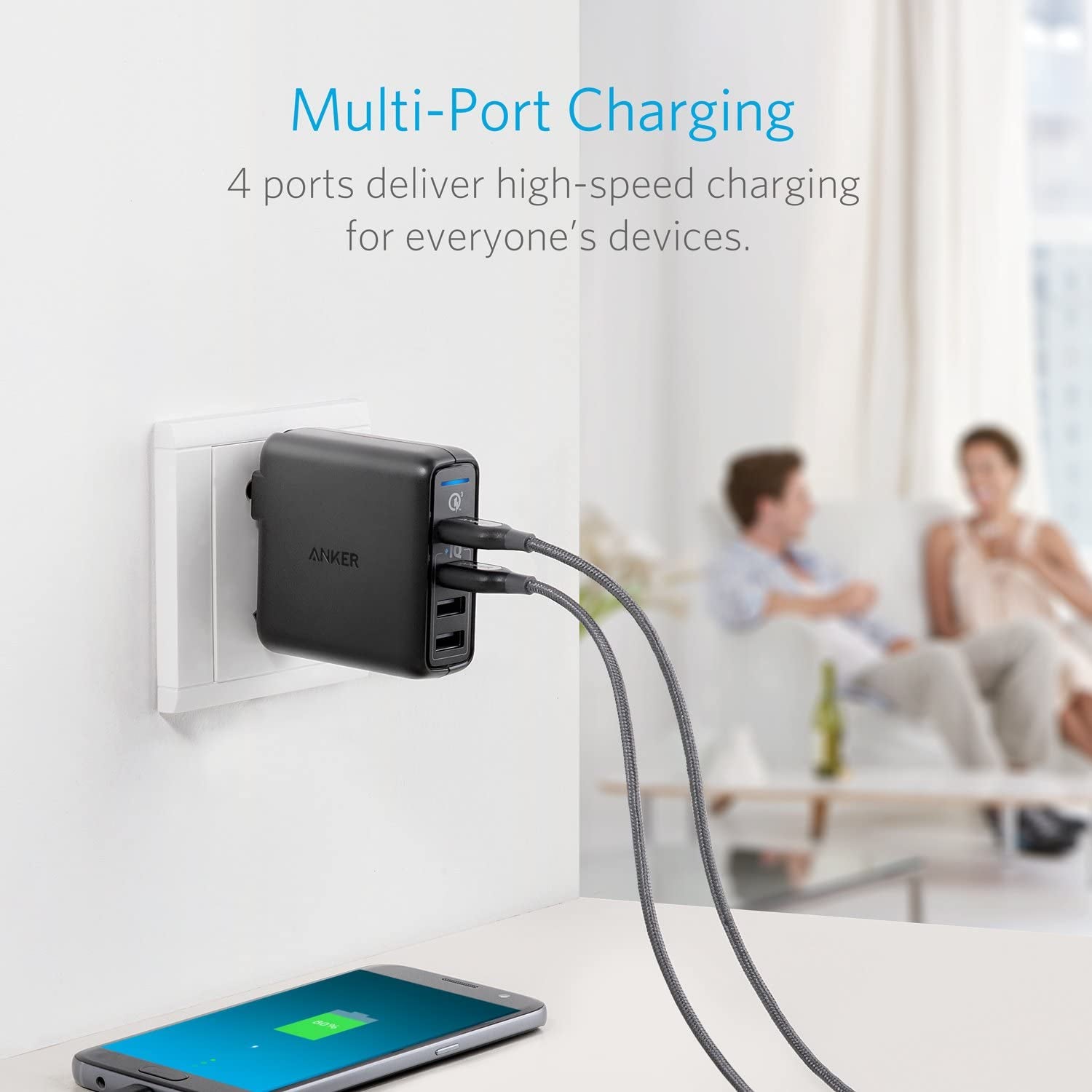 Anker Quick Charge 3.0 43.5W 4-Port USB Wall Charger, Powerport Speed 4 for Galaxy S7/S6/Edge/Edge+, Note 4/5, LG G4/G5, HTC One M8/M9/A9, Nexus 6, with Poweriq for Iphone 7, Ipad, and More  Anker   