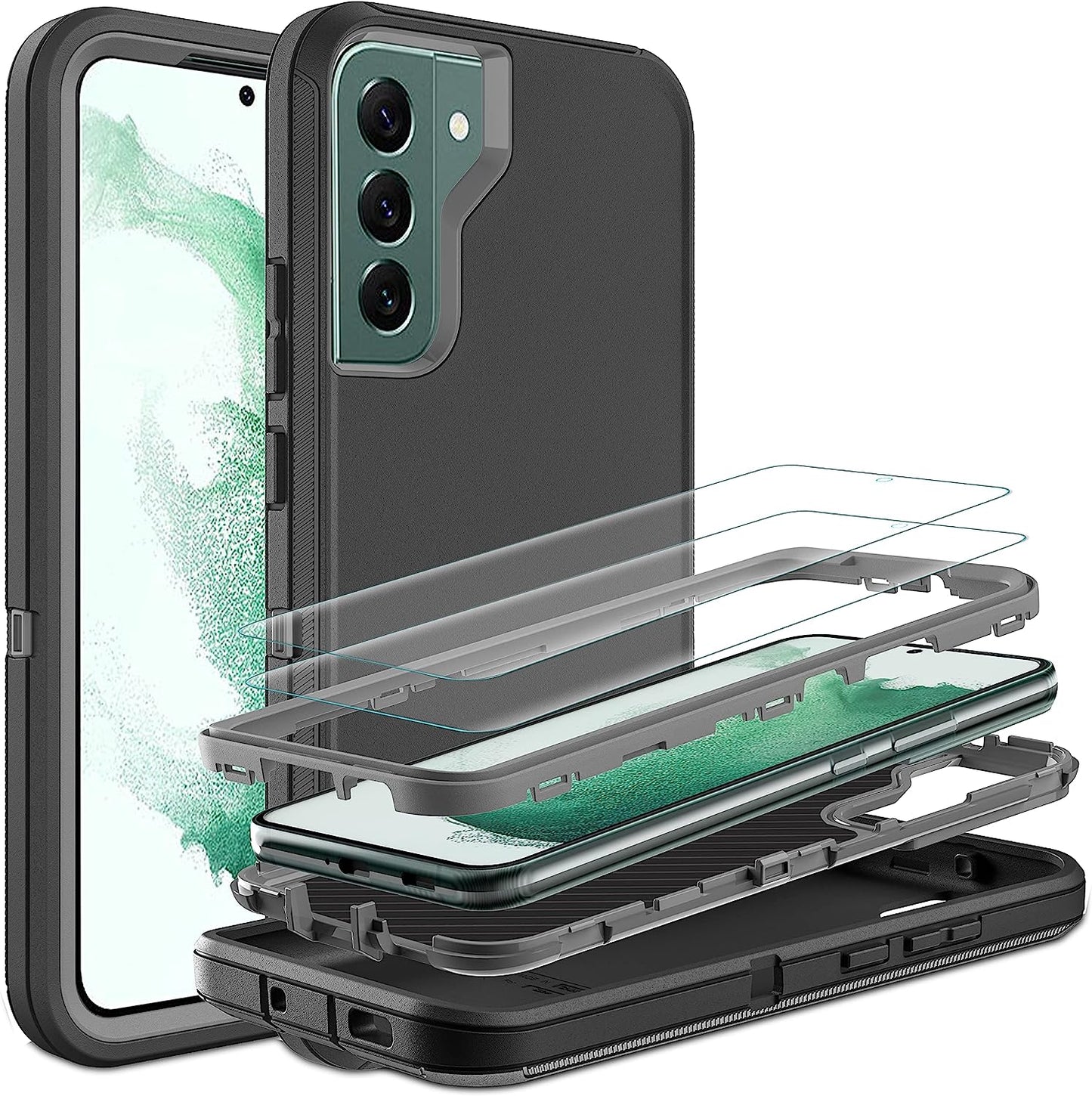 HONG-AMY for S22 plus Case, Samsung Galaxy S22 plus Case with Self Healing Flexible TPU Screen Protector [2 Pack], Full Body Shockproof Heavy Duty Case for Galaxy S22 plus 5G (Aqua Blue/Rose Pink)  HONG-AMY Black/Grey  