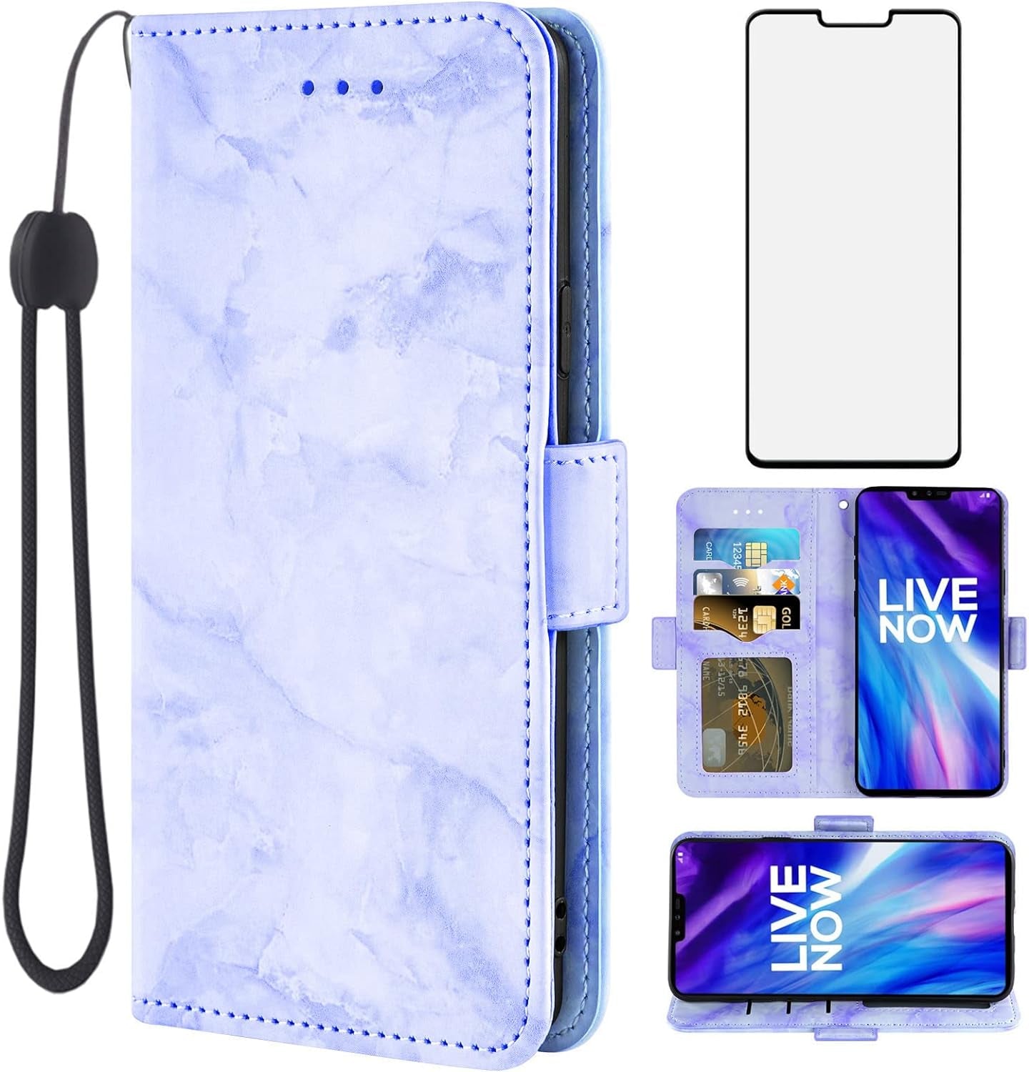 Asuwish Compatible with LG V40 Thinq Case and Tempered Glass Screen Protector Card Holder Slot Kickstand Flip Marble Wallet Phone Covers for LGV40 Storm V 40 Thin Q V40Thinq LG40 40V 40Thinq Purple  Asuwish   