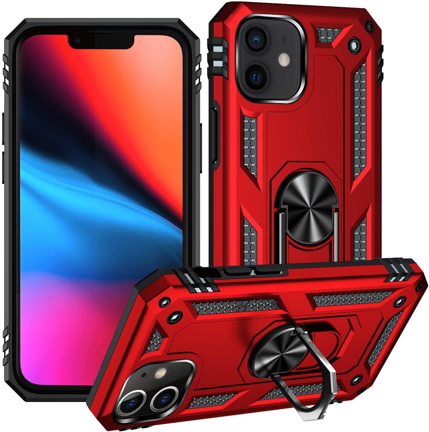 ADDIT Military Grade Iphone 12 Pro Max Case - 6.7" Slim Fit, Heavy Duty Protection, Rotatable Magnetic Kickstand, TPU & Polycarbonate, Black  ADDIT Red Iphone 12 Mini [5.4"] 