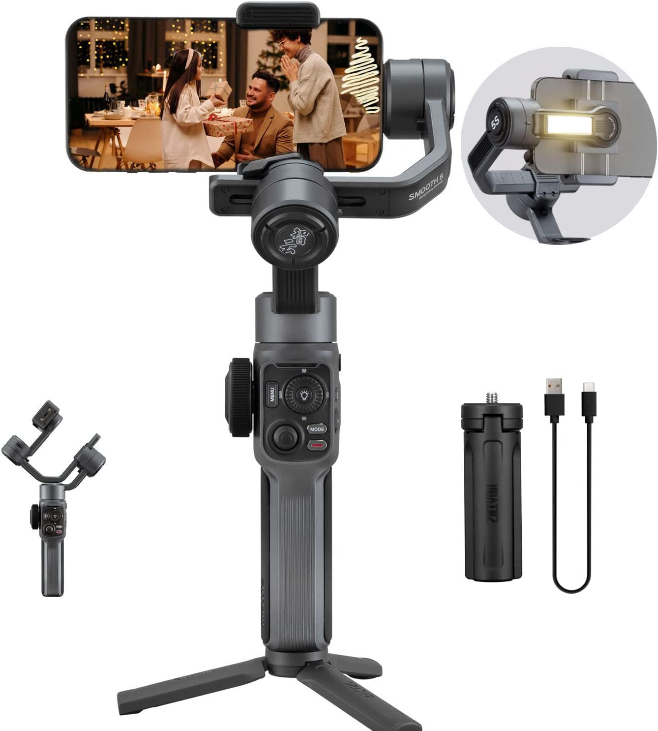 Zhiyun Smooth 5S Smartphone Gimbal Stabilizer 3-Axis with Built-In Fill Light for Iphone Android with Face Object Tracking for Vlog Video Live Stream INS Youtube (Smooth 5 Upgrade Version)-Gray  zhi yun   