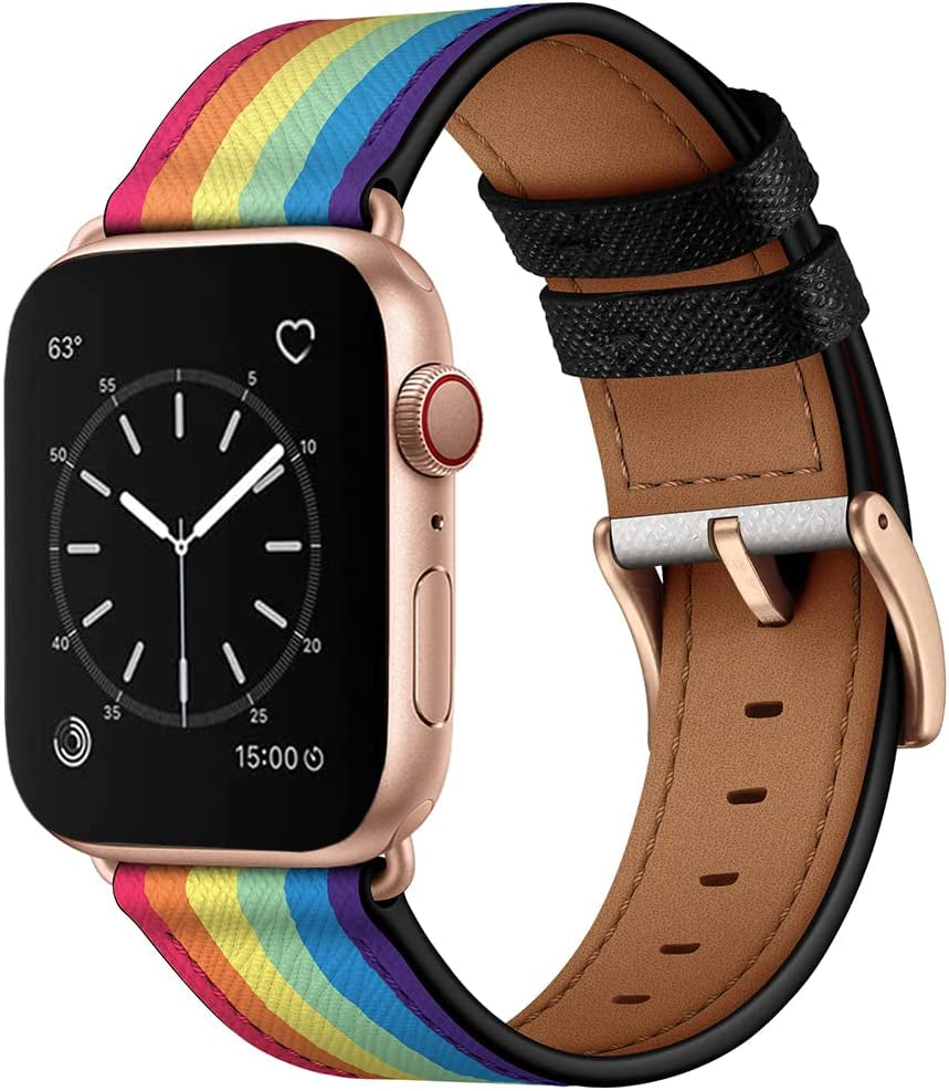 OUHENG Compatible with Apple Watch Band 49Mm 45Mm 44Mm 42Mm, Genuine Leather Band Replacement Strap Compatible with Apple Watch Ultra Series 8/7/6/5/4/3/2/1/SE/SE2, Black Band with Black Adapter  OUHENG Rainbow/Rose Gold 49mm/45mm/44mm/42mm 