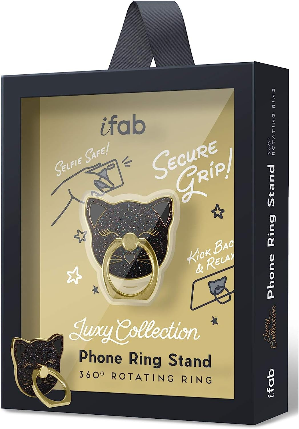 Cellphone Ring Holder Finger Kickstand (2 Pack) - Ifab 360° Rotation/Sturdy/Reusable/Grip/Stand/ Universal - Compatible with All Smartphones - Cat Black  ifab   