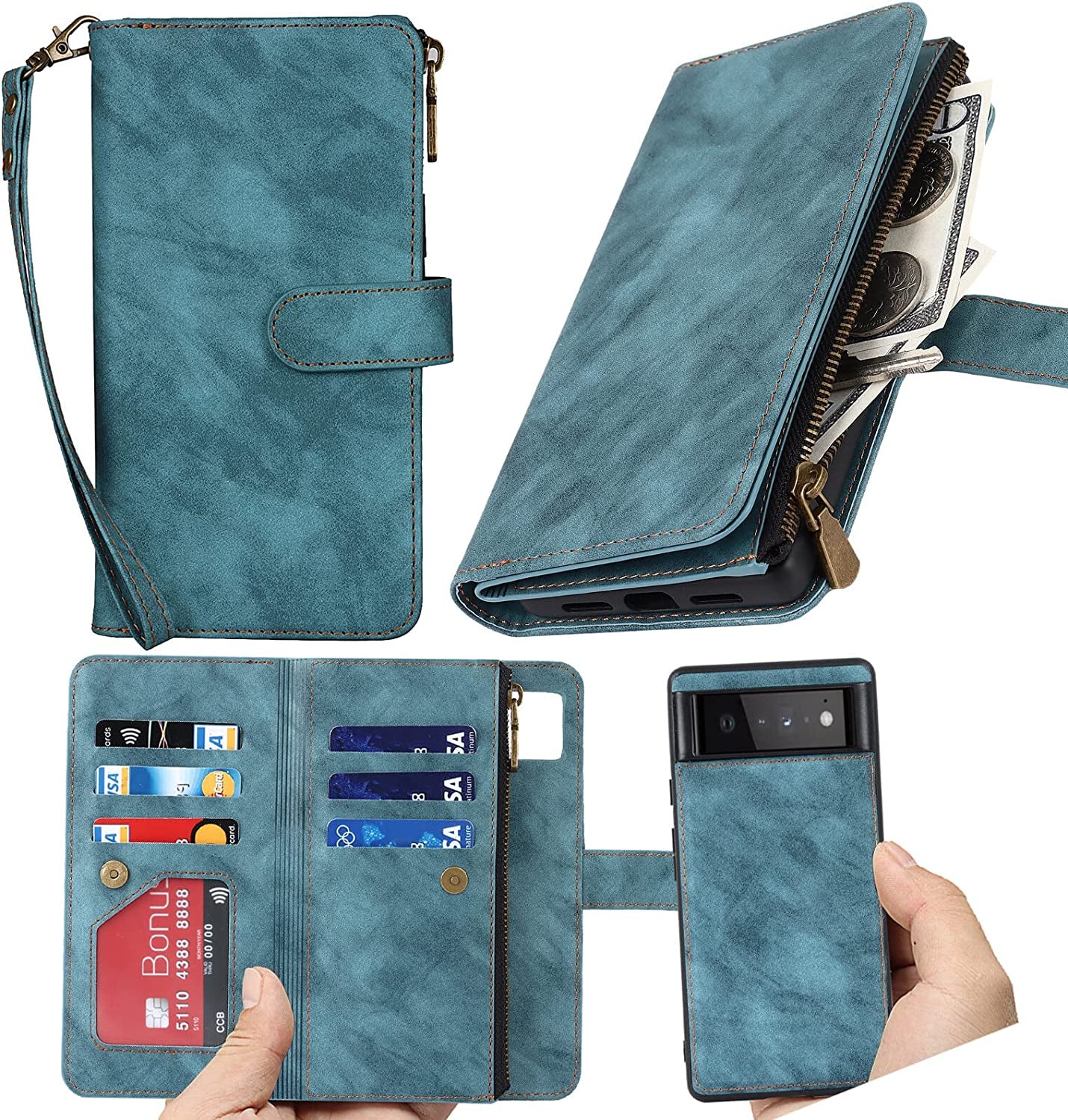 Ｈａｖａｙａ Google Pixel 6 Pro 5G 6.7" Case Zipper Wallet- with 6 Card Holder [RFID Blocking]- Detachable 2-In-1-Wristband Lanyard - for Women and Men-Wireless Charger Compatible Flip Folio Cover-Purple  Ｈａｖａｙａ 2In1 Blue Google Pixel 6 Pro 5G 