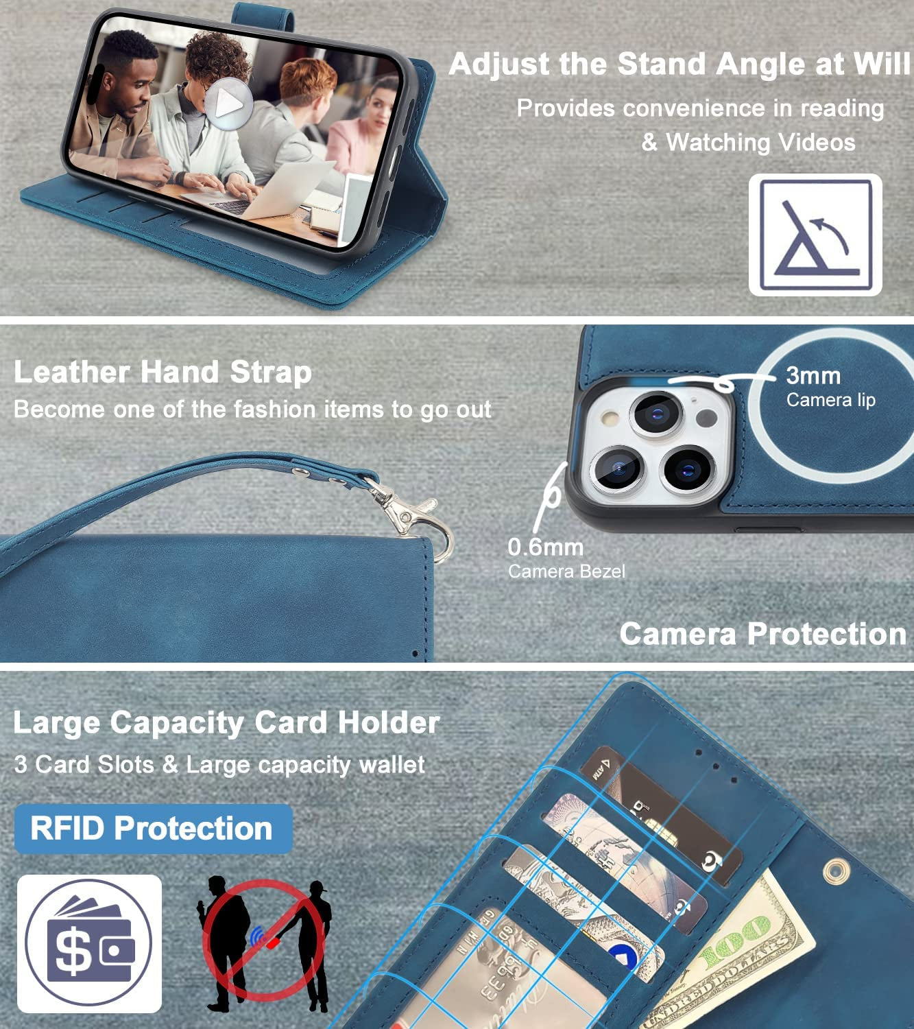 CAVOKAS Case Wallet for Iphone 14 Pro Wallet Case, 6.1 Inch Magnetic Detachable Leather Flip Case with Card Holders, Compatible with Magsafe Wireless Charging Kickstand Phone Cover RFID Block, Blue  CAVOKAS   