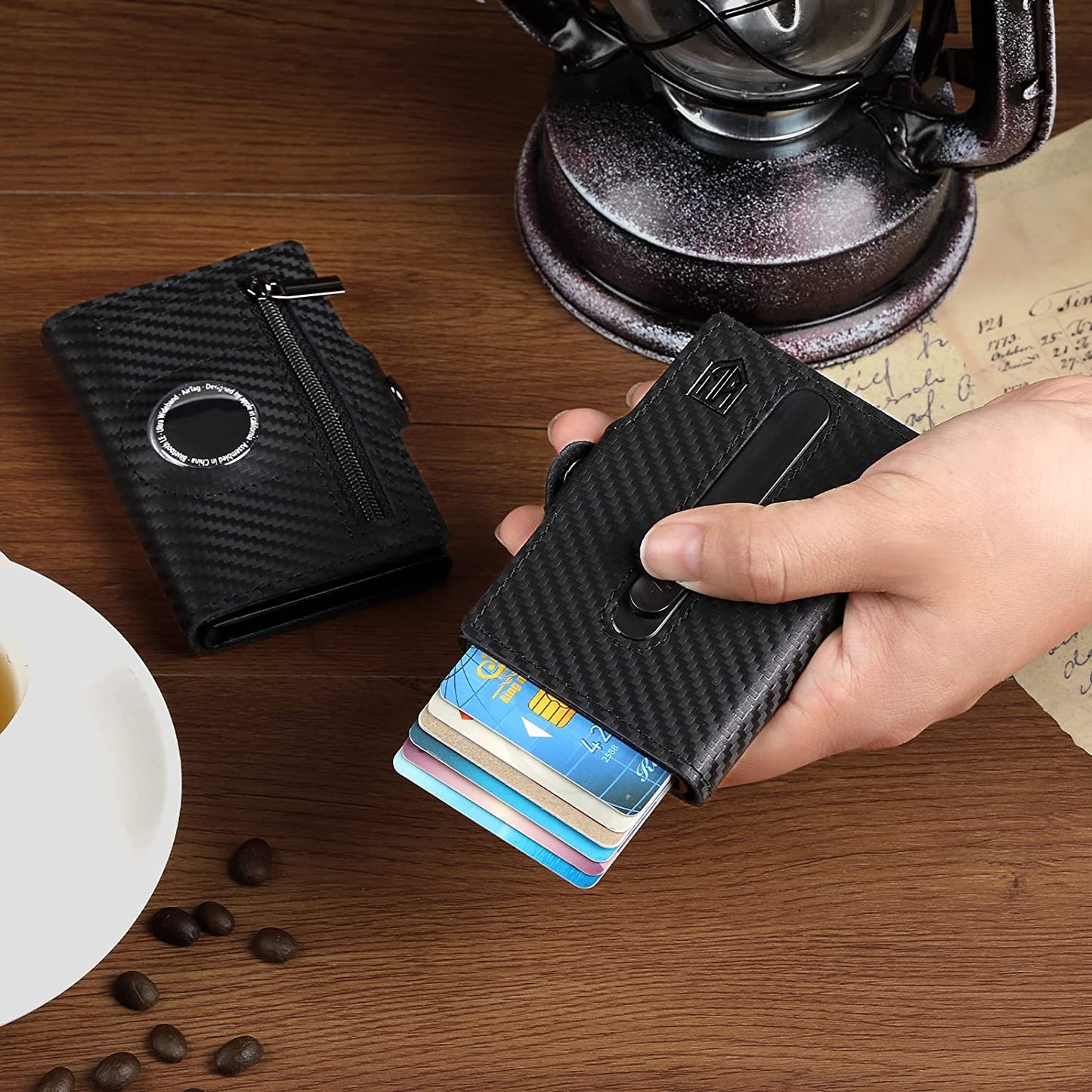 Leaov Air Tag Wallet for Men, Anti-Lost Slim Leather Wallet with Airtag Case, RFID Blocking Front Pocket Wallet for Airtag with Gift Box(Carbon Black)  Leaov   