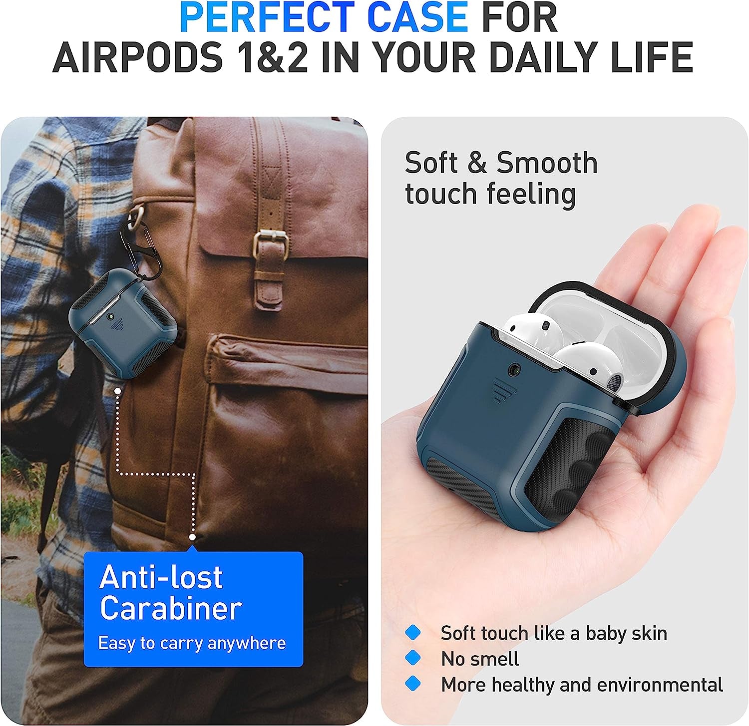 Designed for Airpods Cover Case,Oretech Designed for Airpods 1&Airpods 2 Cover Heavy Duty Hybrid 2 in 1 Protective Hard PC Soft TPU Carbon Fiber Case with Carabiner for Airpods 1&2 Cover- Aqua Blue  ORETECH   