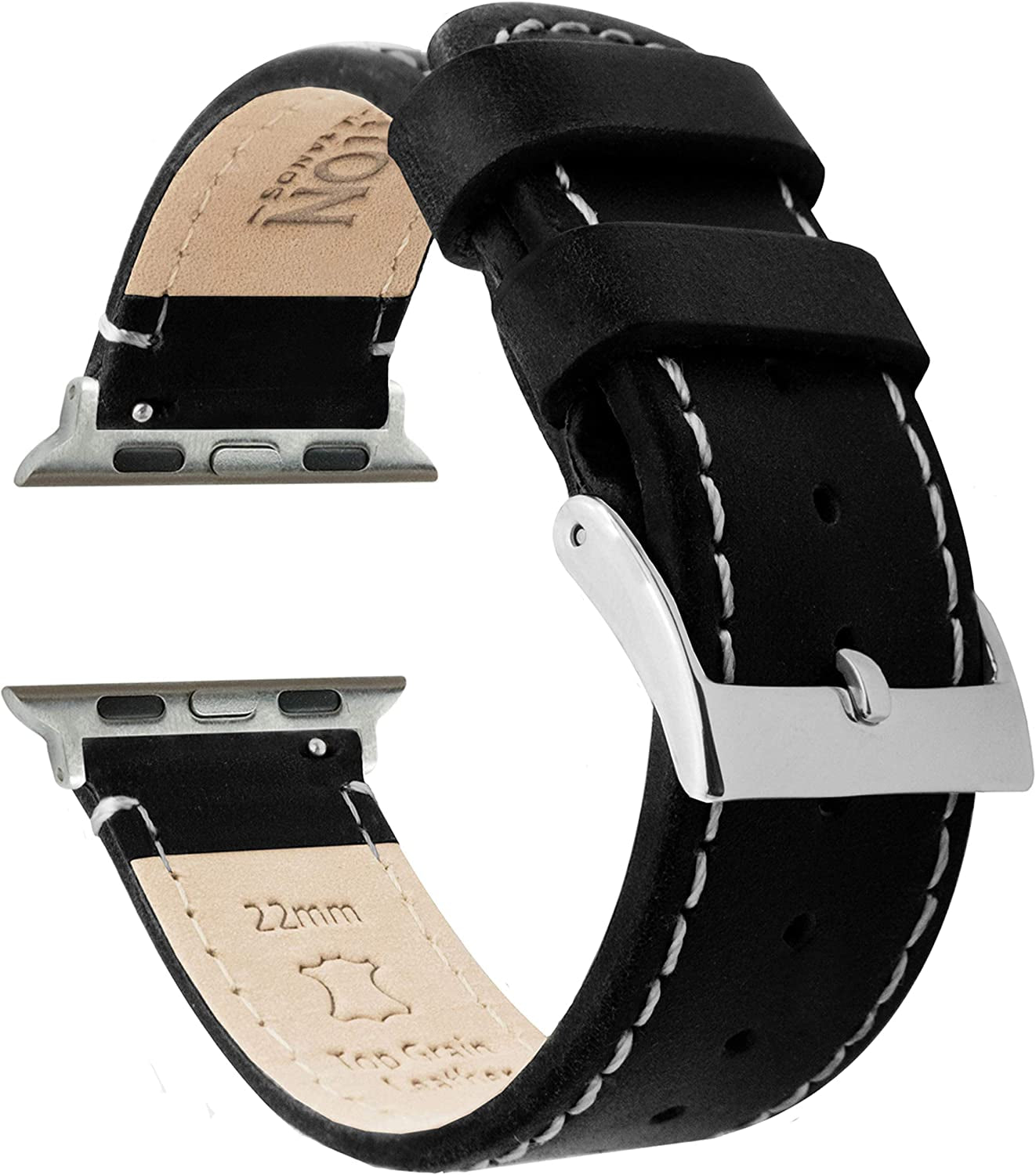 BARTON Top Grain Leather Watch Bands Compatible with All Apple Watch Models - Series 8, 7, 6, 5, 4, 3, 2, 1, SE & Ultra - Size 38Mm, 40Mm, 41Mm, 42Mm, 44Mm, 45Mm or 49Mm  Barton Watch Bands Black Leather / White Stitching Large Apple Watch (42mm/44mm/45mm/49mm) 