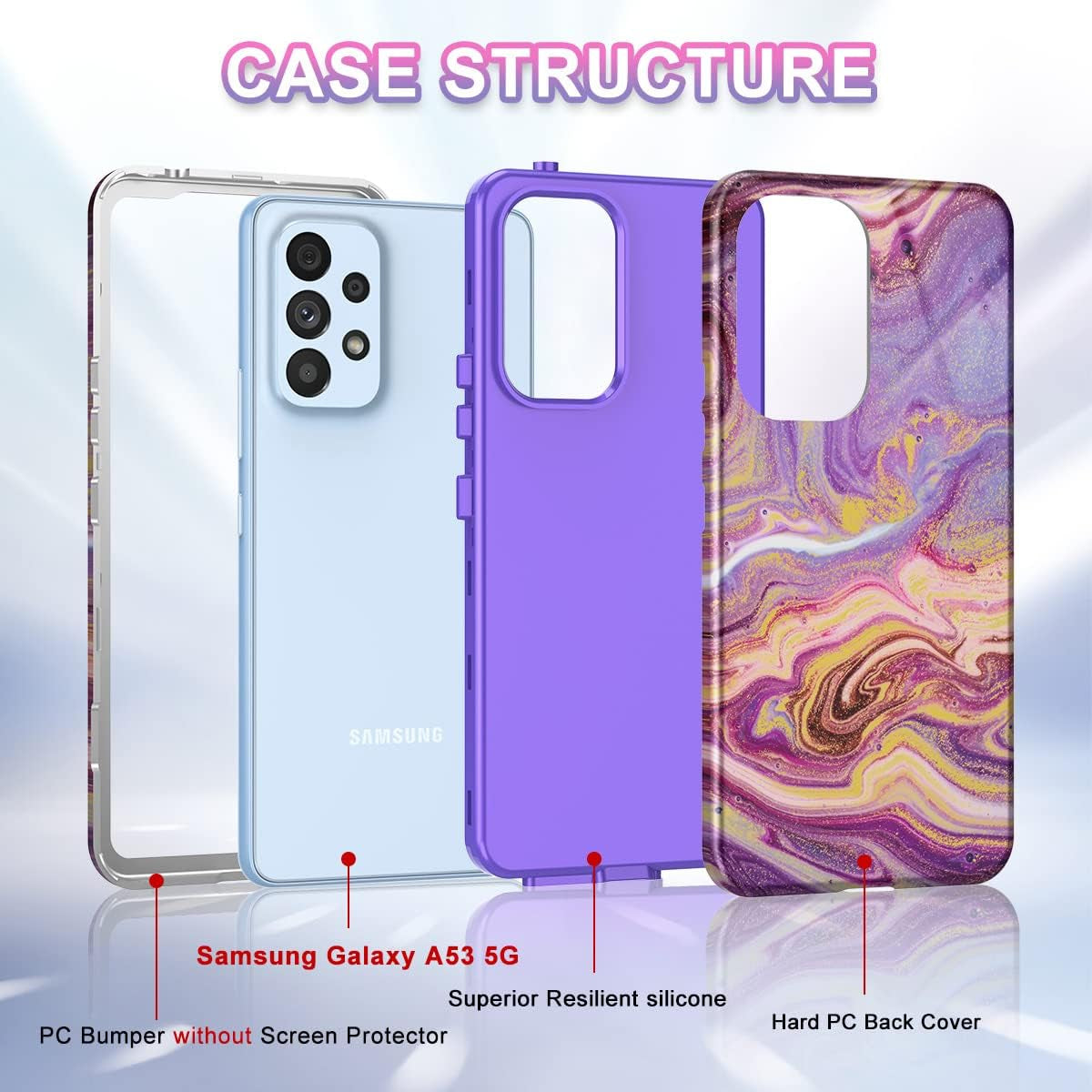 Btscase for Samsung Galaxy A53 5G Case, Marble Pattern 3 in 1 Heavy Duty Shockproof Full Body Rugged Hard Pc+Soft Silicone Drop Protective Women Girl Cover for Samsung Galaxy A53 5G,Drift Sand/Purple  Btscase   