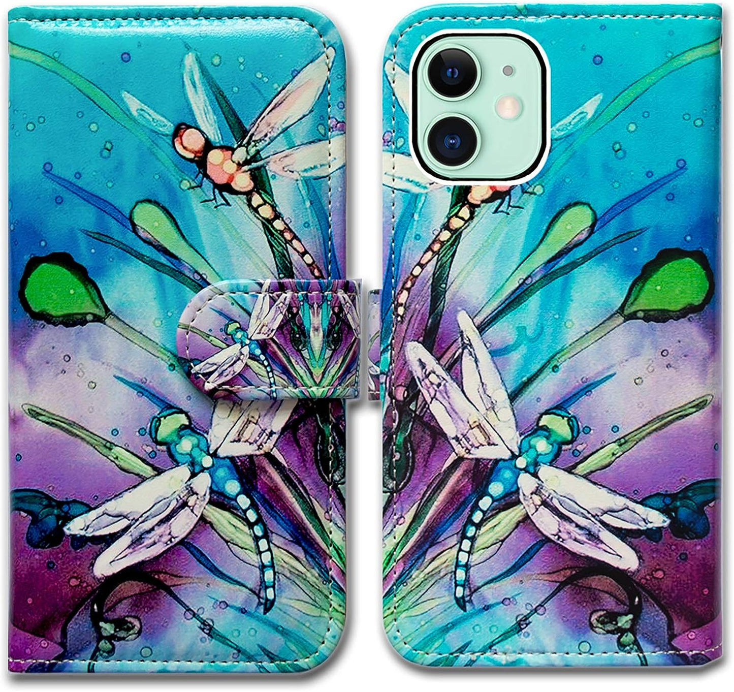 Bcov Iphone 13 Case,Blue Butterfly Flowers Rose Leather Flip Phone Case Wallet Cover with Card Slot Holder Kickstand for Iphone 13  Bcov Cute Dragonfly  