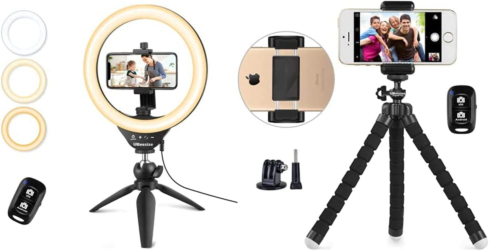 Ubeesize 10" Selfie Ring Light with Tripod Stand & Cell Phone Holder, Dimmable Desktop LED Circle Light for Live Streaming/Makeup/Youtube/Tik Tok, Compatible with Ios and Android Phones  UBeesize Ring Light + Phone Holder  