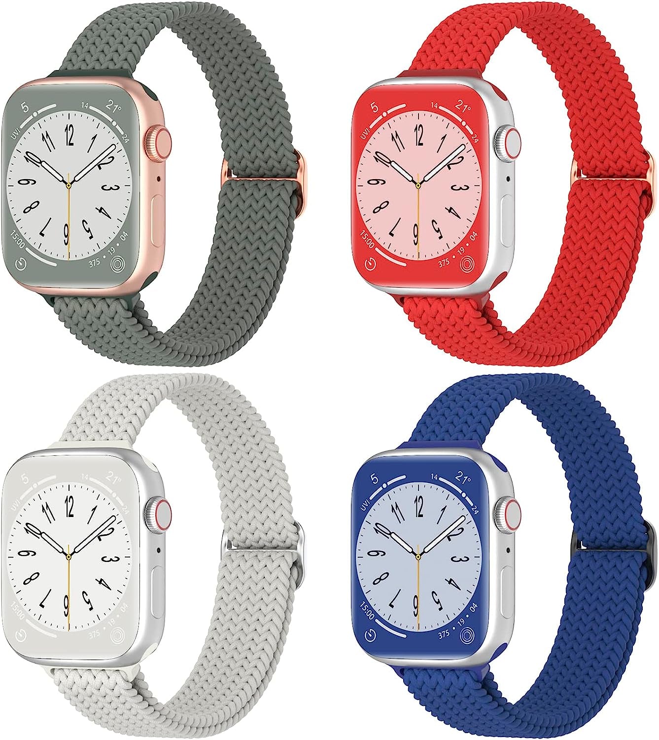 DYKEISS 4 Pack Slim Braided Solo Loop Bands Compatible for Apple Watch Band 38Mm 42Mm 40Mm 44Mm 41Mm 45Mm 49Mm, Stretch Nylon Elastic Thin Strap for Iwatch Ultra Series 8/7/SE/6/5/4/3/2/1 Women & Men  DYKEISS Cactus/Red/White/Navy Blue 38/40/41mm 
