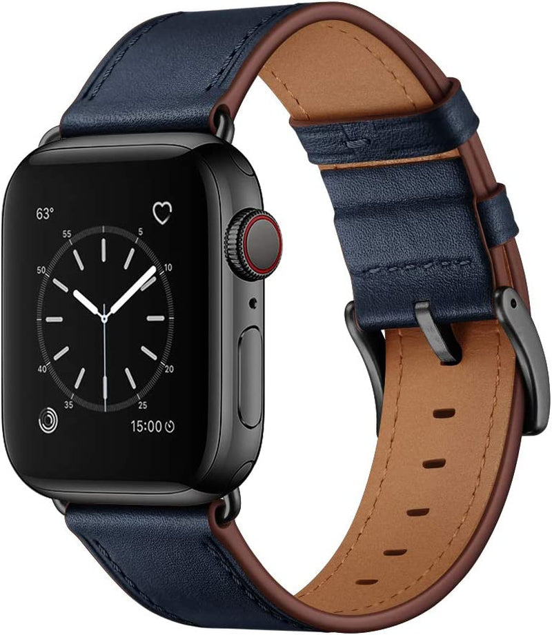 OUHENG Compatible with Apple Watch Band 49Mm 45Mm 44Mm 42Mm, Genuine Leather Band Replacement Strap Compatible with Apple Watch Ultra Series 8/7/6/5/4/3/2/1/SE/SE2, Black Band with Black Adapter  OUHENG Dark Blue/Black 49mm/45mm/44mm/42mm 