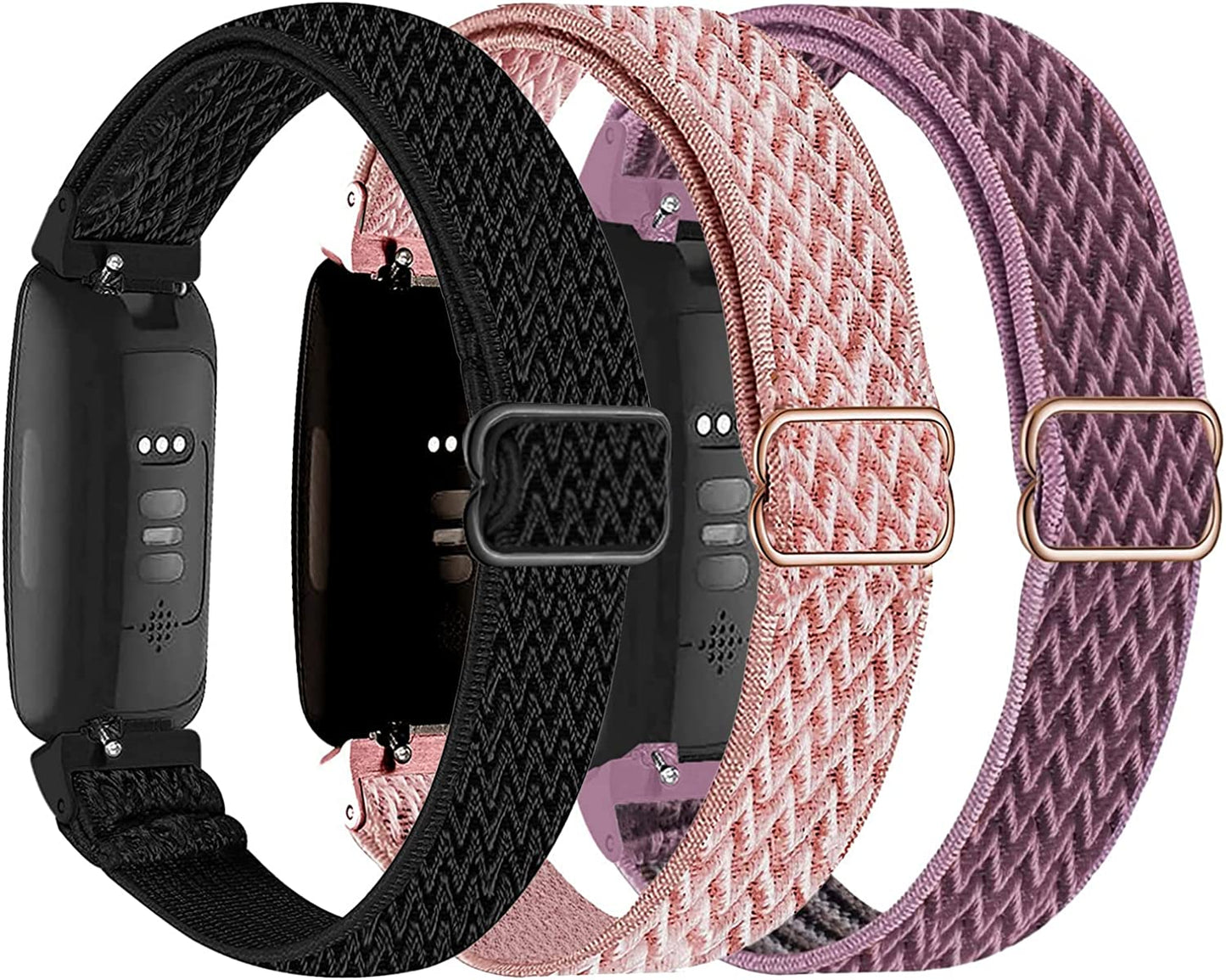 3-Pack Elastic Nylon Bands Compatible with Fitbit Inspire 3/Inspire 2/Inspire Hr/Inspire/Ace 3/Ace 2, Breathable Adjustable Replacement Stretchy Nylon Loop Wristband Sport Strap for Woman Man  voma Black/ Pink/ Purple  