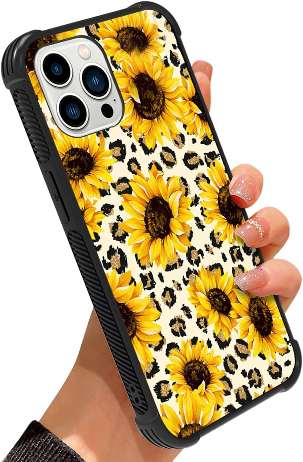 Wlxee Compatible with Iphone 12 Pro Max Case for Women Girls Leopard Sunflower Print Soft TPU Hard Back Shockproof Non-Slip Anti-Scratch Protective Durable Slim Cover Case for Iphone 12 Pro Max  Wlxee 13 Pro Max Case 6.7 Inch  