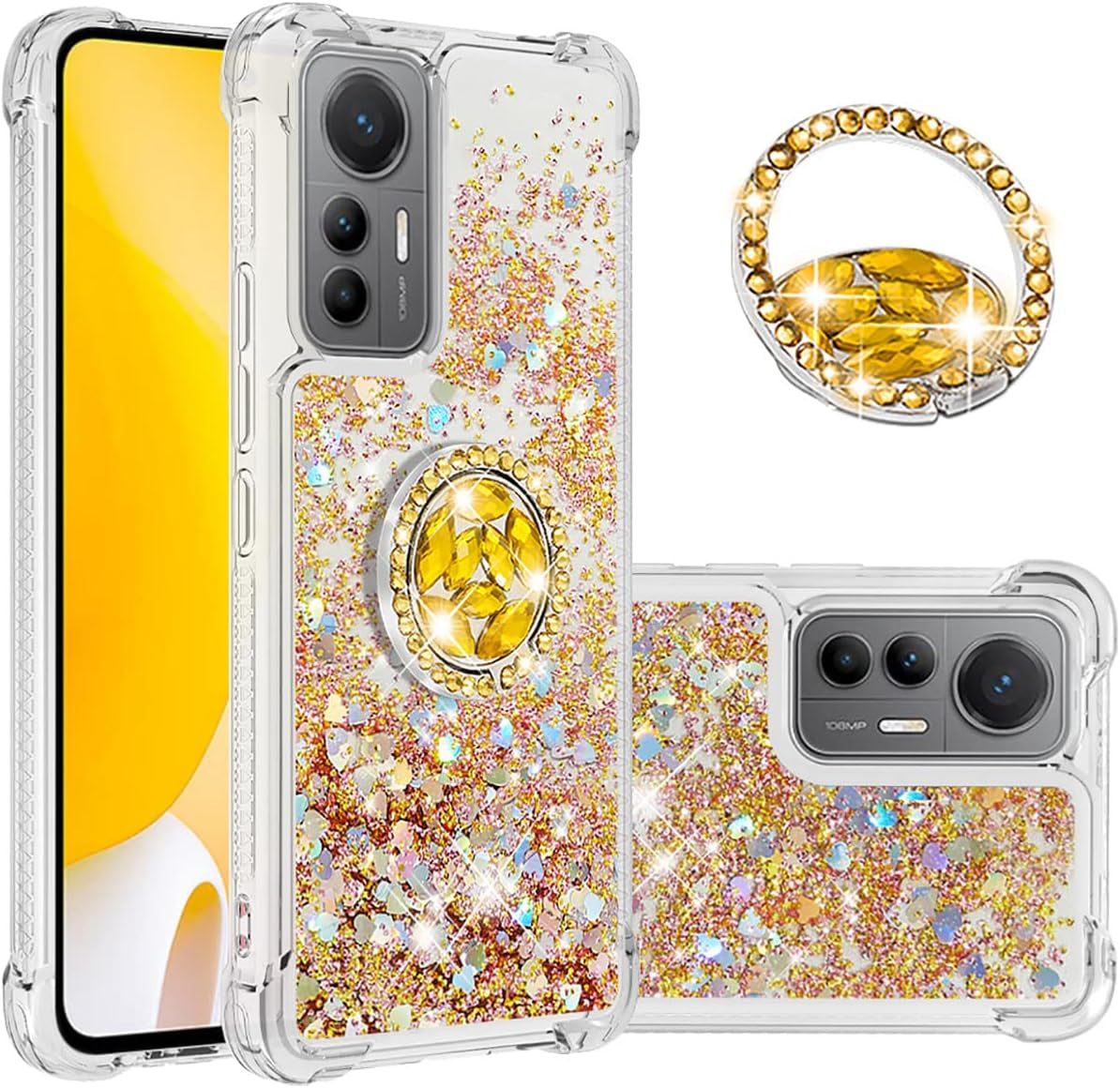Ccsmall Glitter Clear Sparkly Bling Case for Xiaomi 12 Lite, Rugged Shockproof Flowing Liquid Floating Cover for Women with Ring Holder Phone Case for Xiaomi 12 Lite LSZ Purple  CCSmall Colorful Gold Xiaomi 12 Lite 