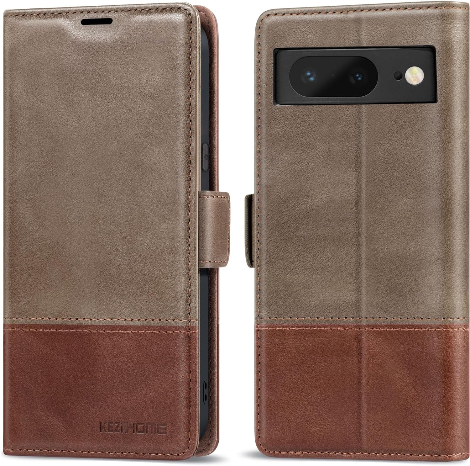 Kezihome Case for Google Pixel 8, Genuine Leather [RFID Blocking] Wallet Case with Card Holder Kickstand Flip Heavy Duty Protective Phone Cover for Google Pixel 8 5G (Black/Brown)  KEZiHOME Gray/Brown  