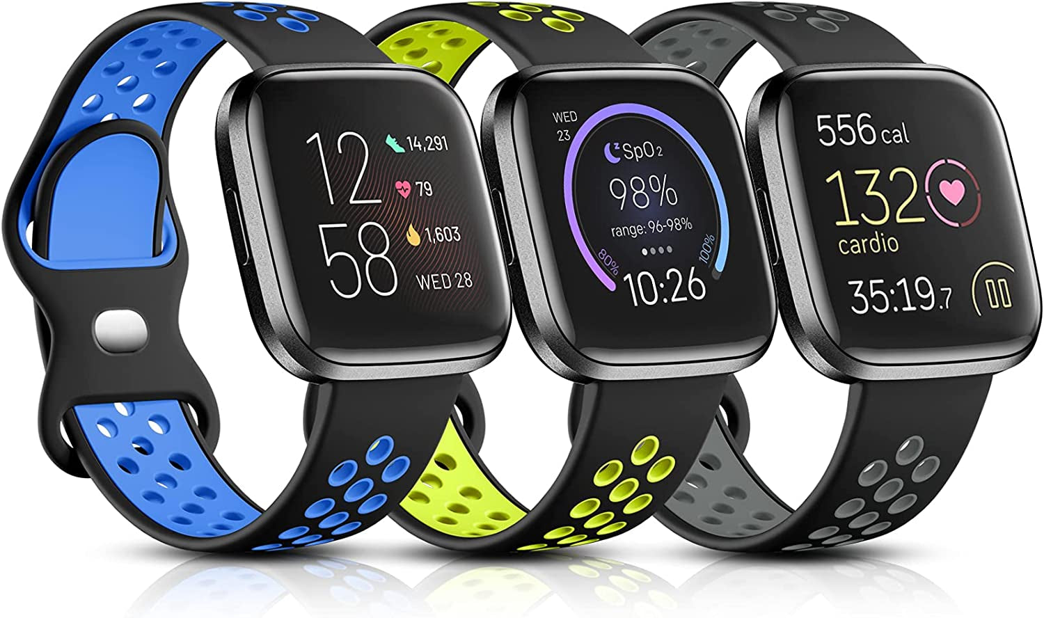 Witzon Sport Bands Compatible with Fitbit Versa 2 / Versa / Versa Lite for Women Men, Breathable Silicone Replacement Wristbands for Versa 2 Smartwatch, Small, Black-Gray/Black-Red/Black-Blue  Witzon Black Gray/Black Blue/Black Limes Small 