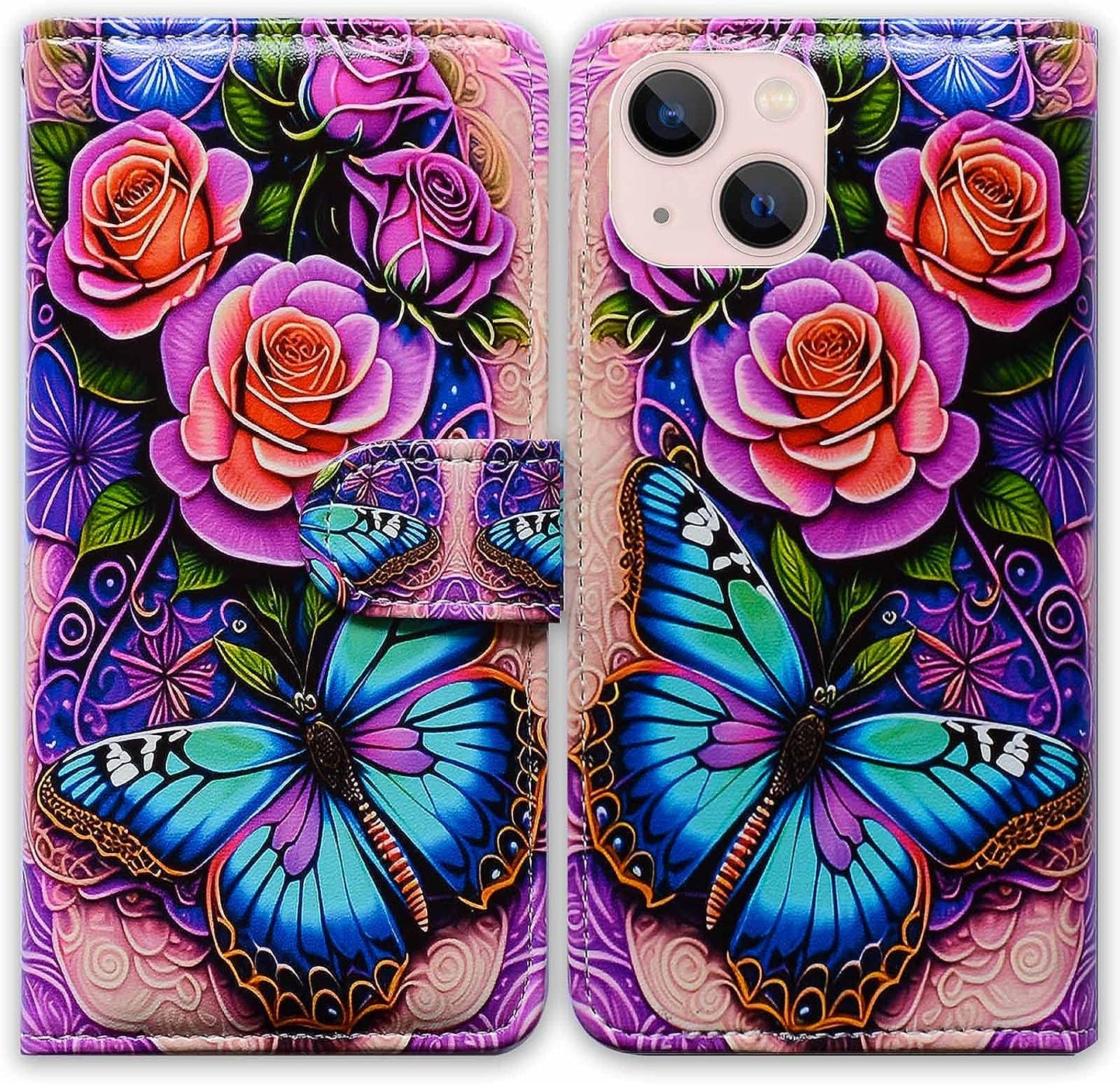 Bcov Iphone 13 Case,Blue Butterfly Flowers Rose Leather Flip Phone Case Wallet Cover with Card Slot Holder Kickstand for Iphone 13  Bcov   