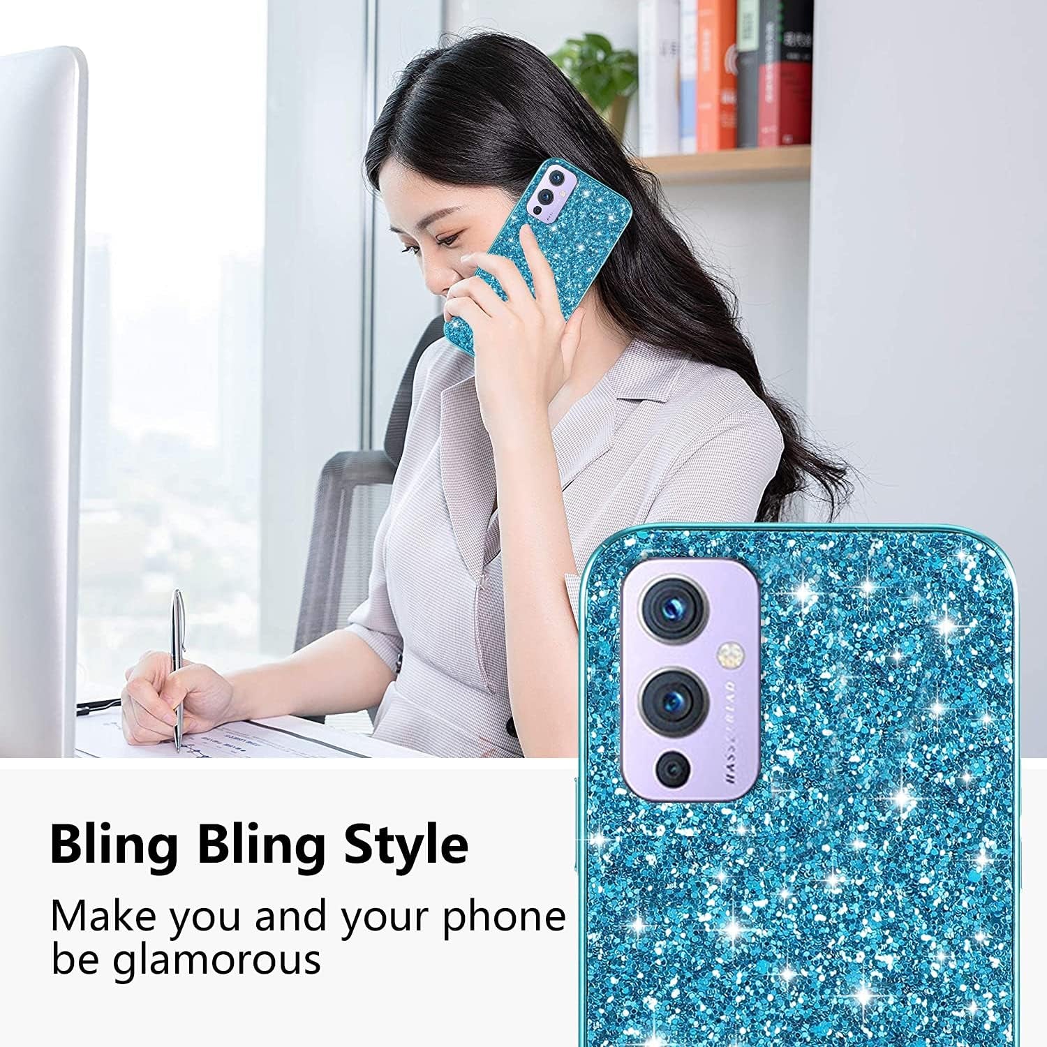Compatible with Oneplus 9 Case Glitter Shockproof,Oneplus 9 Phone Case Bling Sparkly Soft TPU and PC Silicone Shiny Girl Women Thin Protective Cover (Blue)  Wousunly   